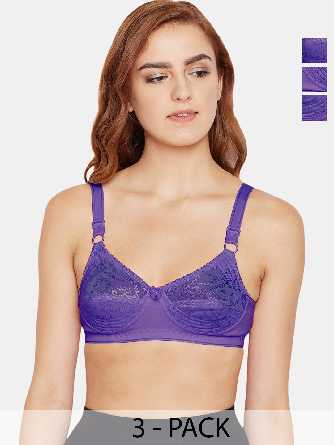

Bodycare Women Pack of 3 Self Design Non Padded Non wired Full Coverage Bra, Purple