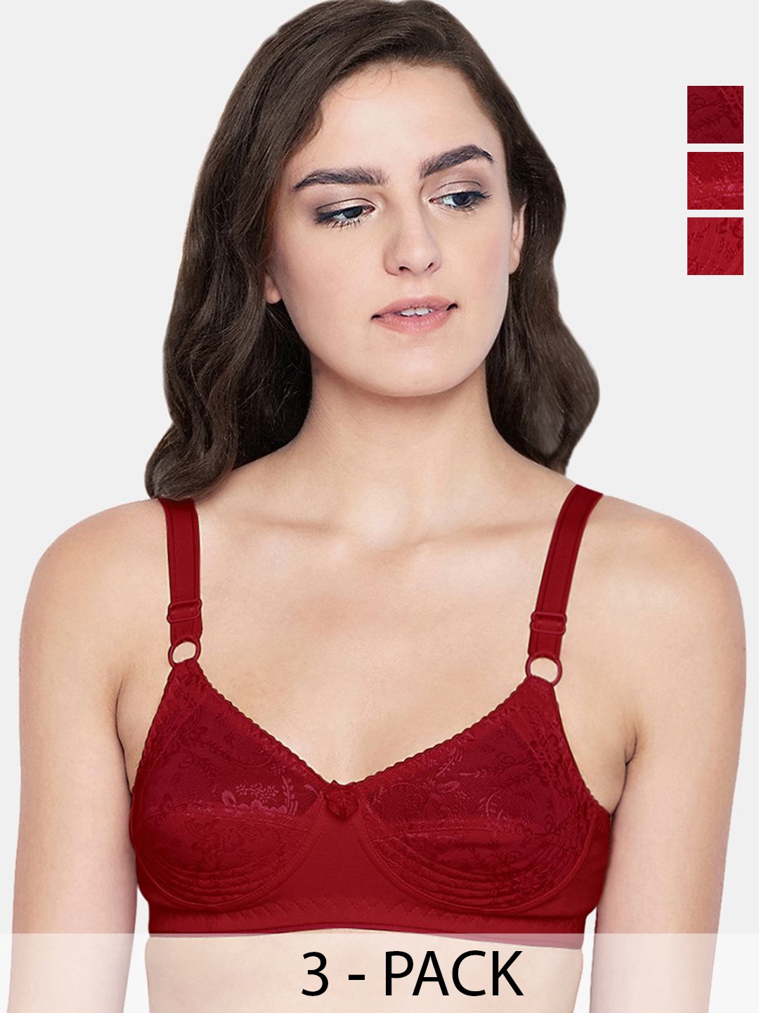 

Bodycare Pack Of 3 Women Self Design Cotton Half Coverage Bra, Maroon