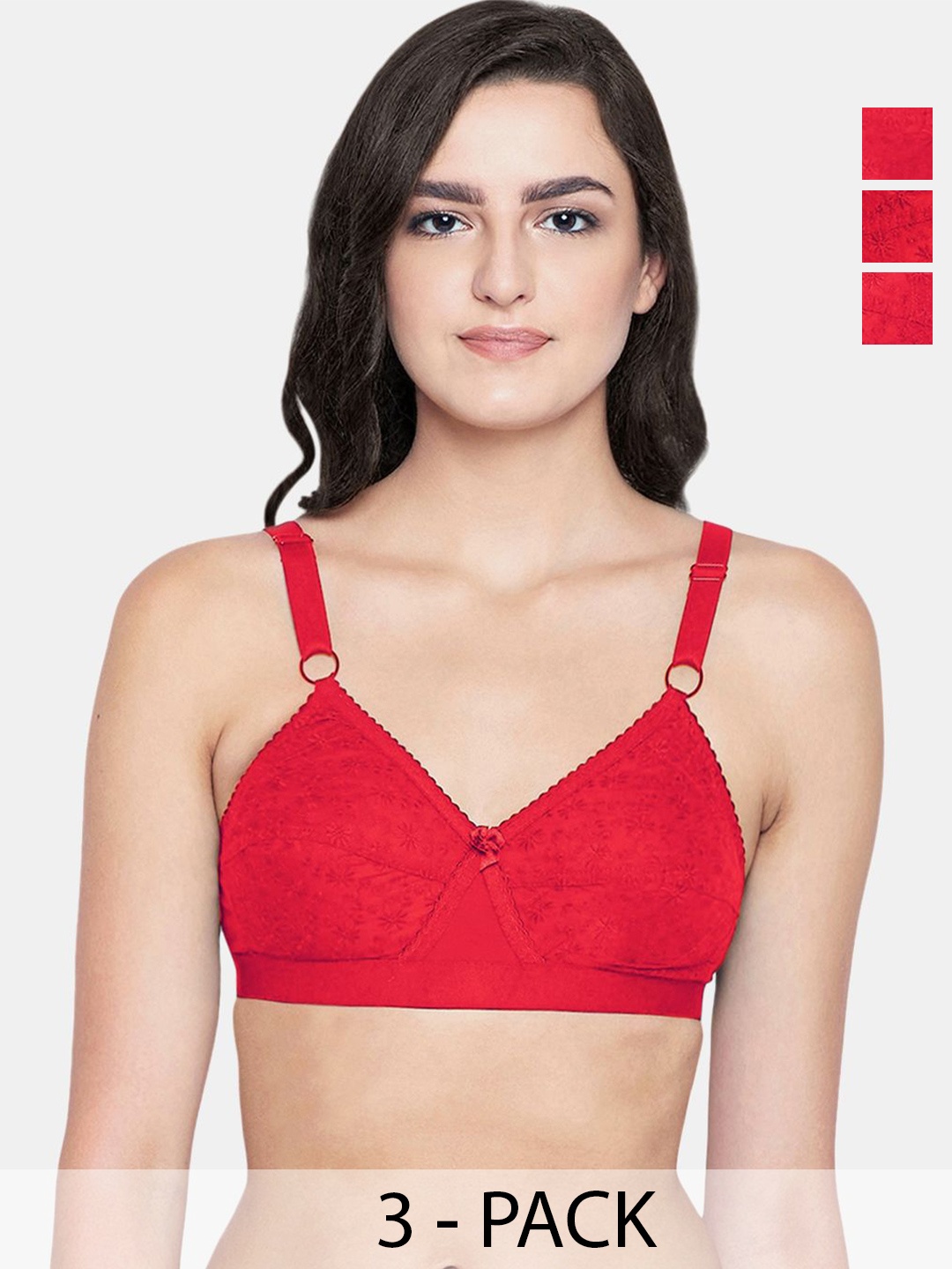 

Bodycare Pack of 3 Floral Full Coverage Cut and Sew Cotton Lightly Padded T-Shirt Bra, Red