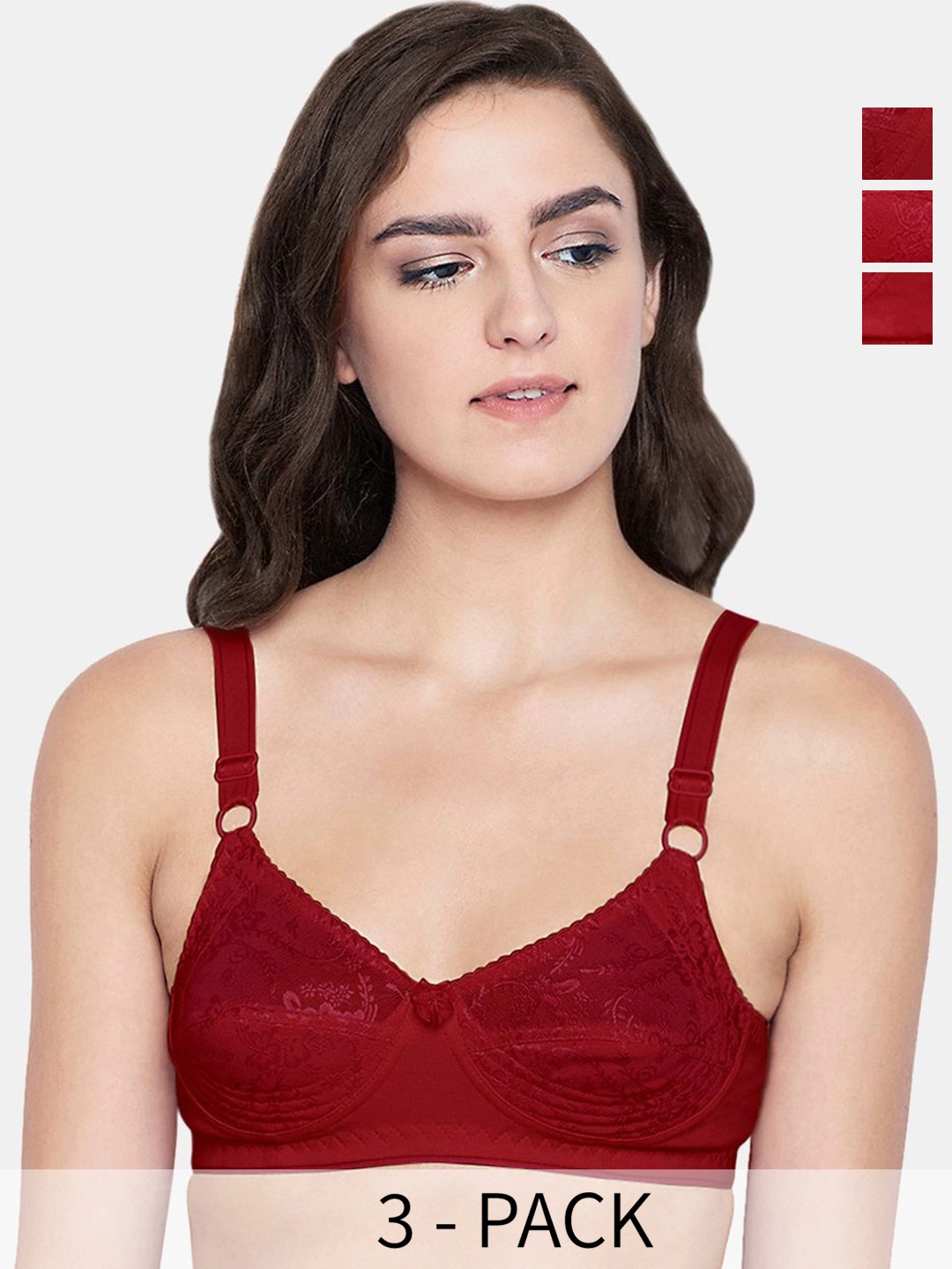 

Bodycare Pack Of 3 Women Self Design Cotton Half Coverage Bra, Maroon