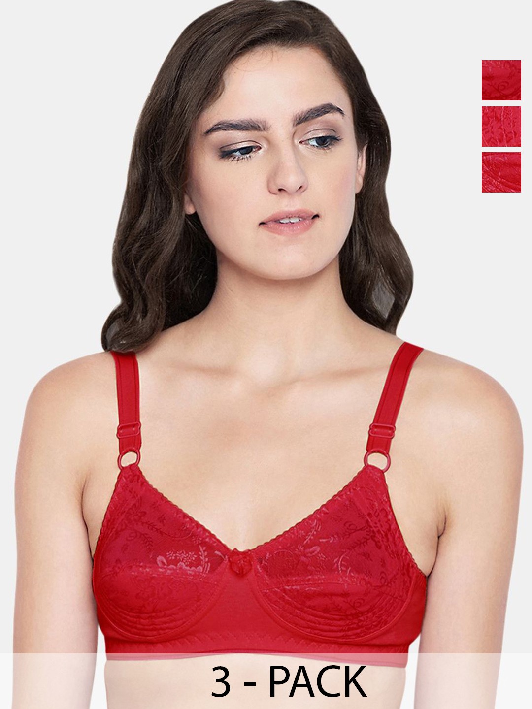

Bodycare Women Self Design Full Coverage 3Pcs Cotton Non Padded Bra, Red