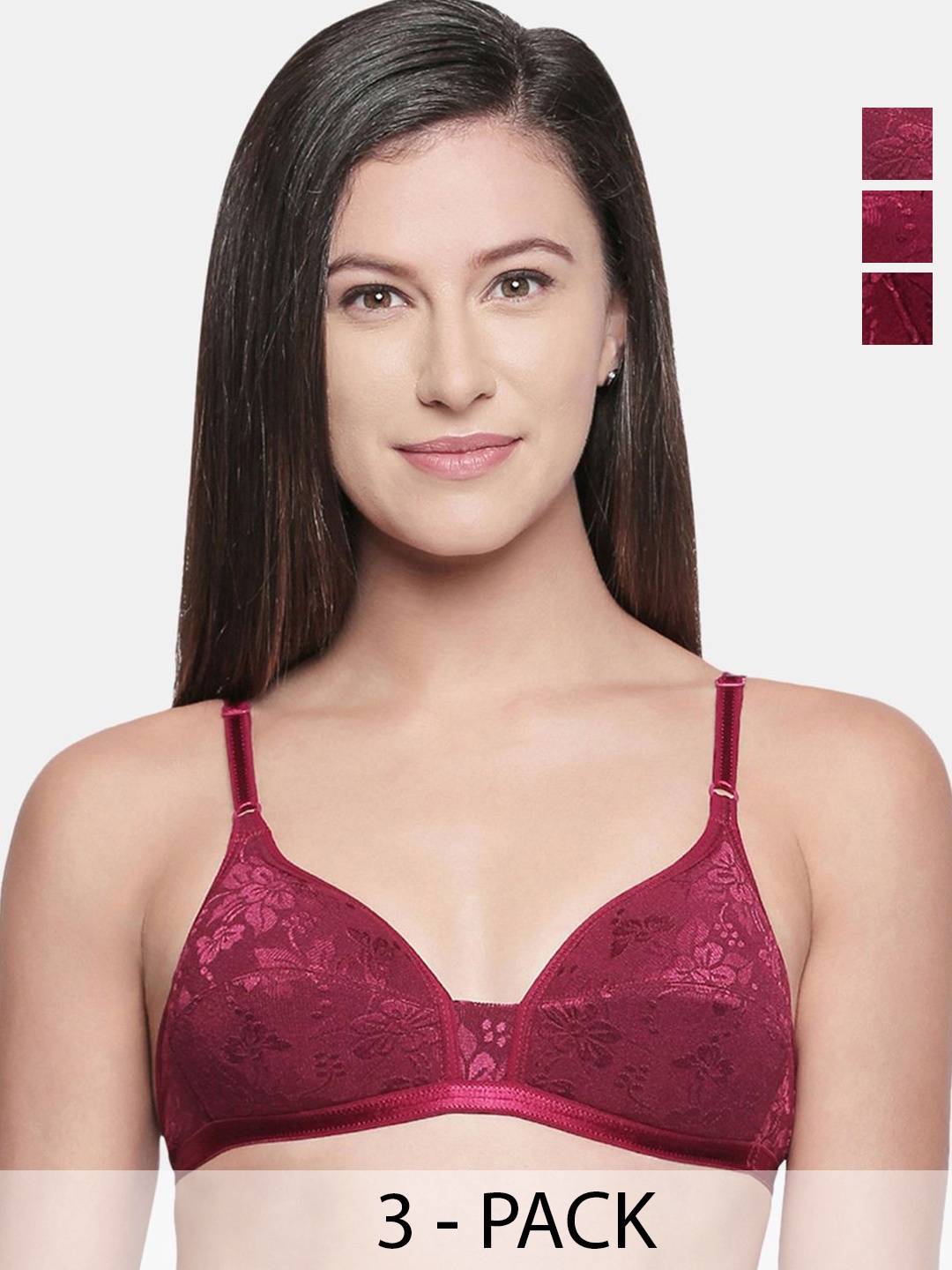 

Bodycare Pack of 3 Floral Full Coverage Anti Bacterial Cotton Lightly Padded T-Shirt Bra, Maroon