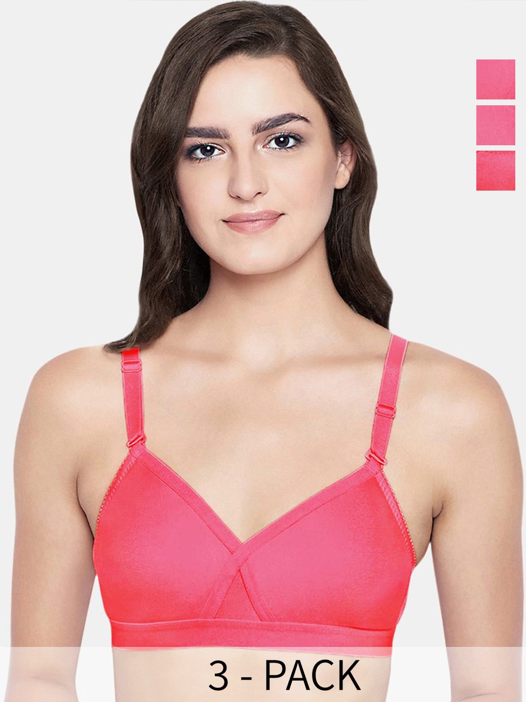 

Bodycare Pack Of 3 Full Coverage Seamless Anti Bacterial Non Padded Bra, Coral