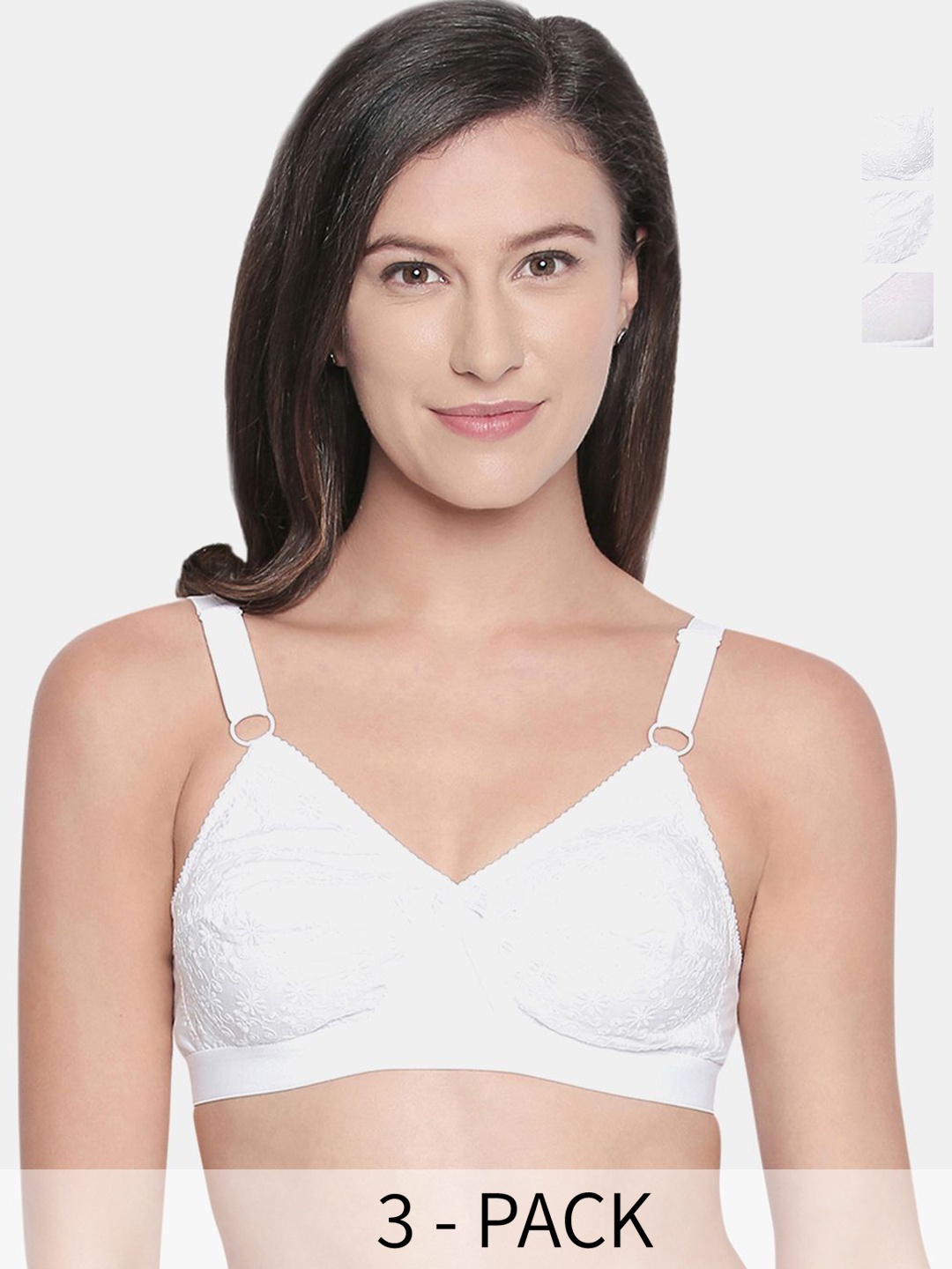 

Bodycare Pack of 3 Floral Full Coverage Anti Bacterial Cotton Lightly Padded T-Shirt Bra, White