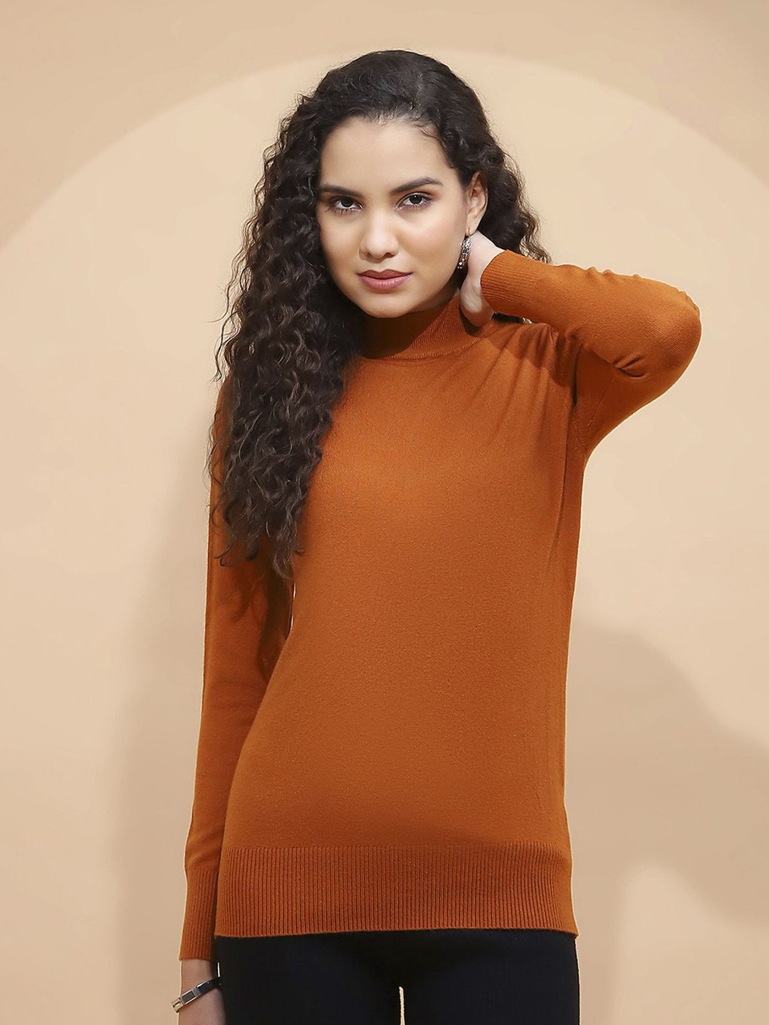 

Global Republic Women Organic Cotton Knit High Neck Full Sleeves Top, Rust