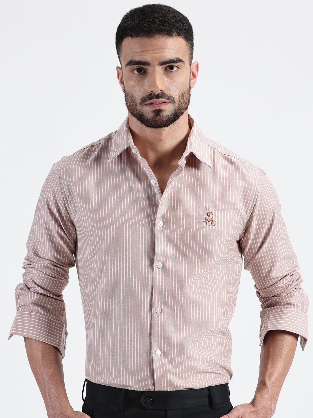 

MISCHIEF MONKEY Men Classic Tailored Fit Opaque Striped Casual Shirt, Orange