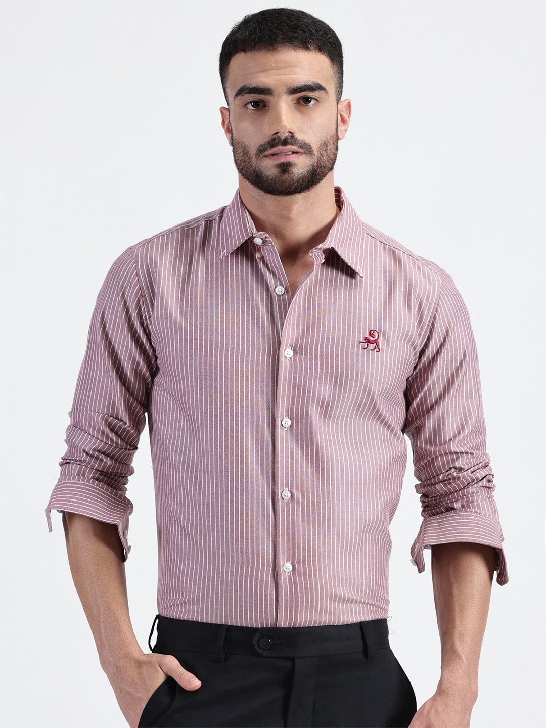 

MISCHIEF MONKEY Men Classic Tailored Fit Opaque Striped Casual Shirt, Maroon