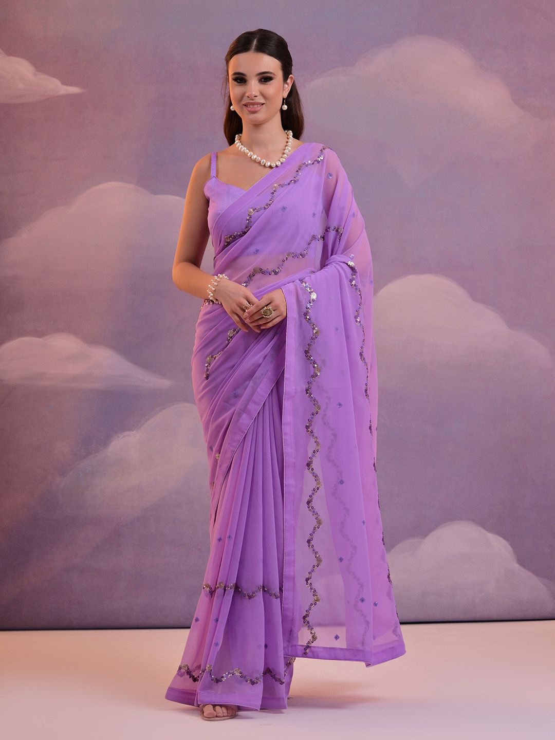 

Ishin Embellished Sequinned Pure Georgette Saree, Lavender