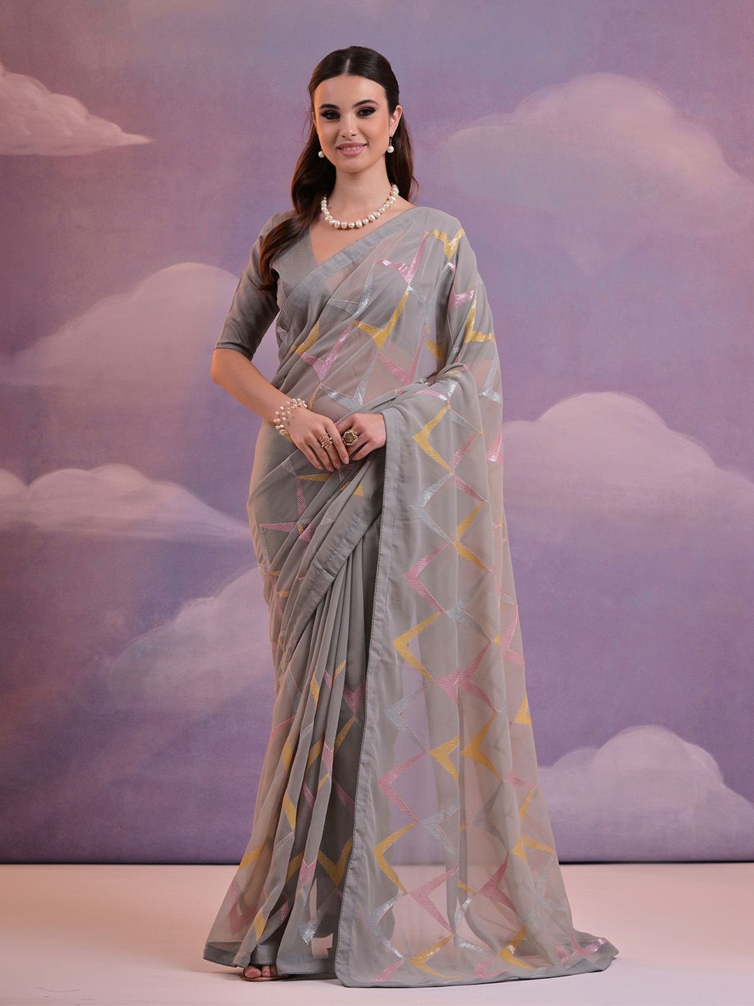 

Ishin Geometric Embroidered Sequinned Pure Georgette Saree With Blouse, Grey