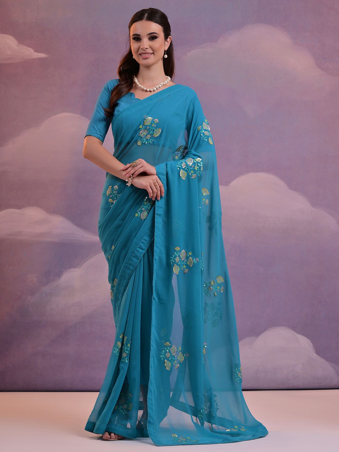 

Ishin Floral Sequinned Pure Georgette Saree, Blue