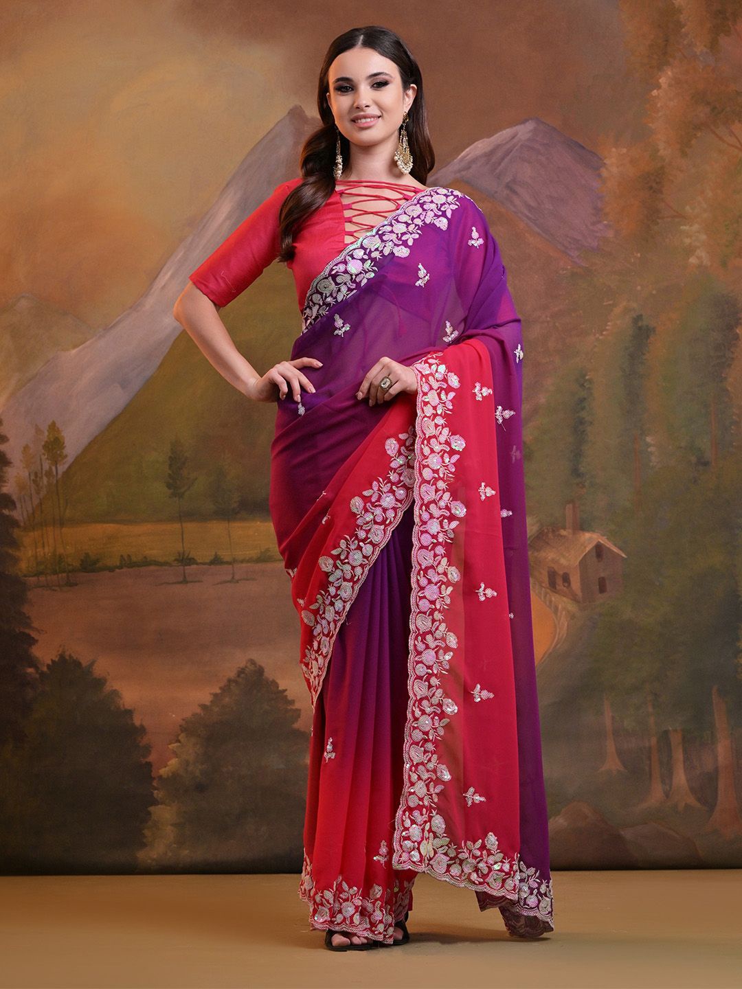 

Ishin Floral Embroidered Pure Georgette Saree, Purple