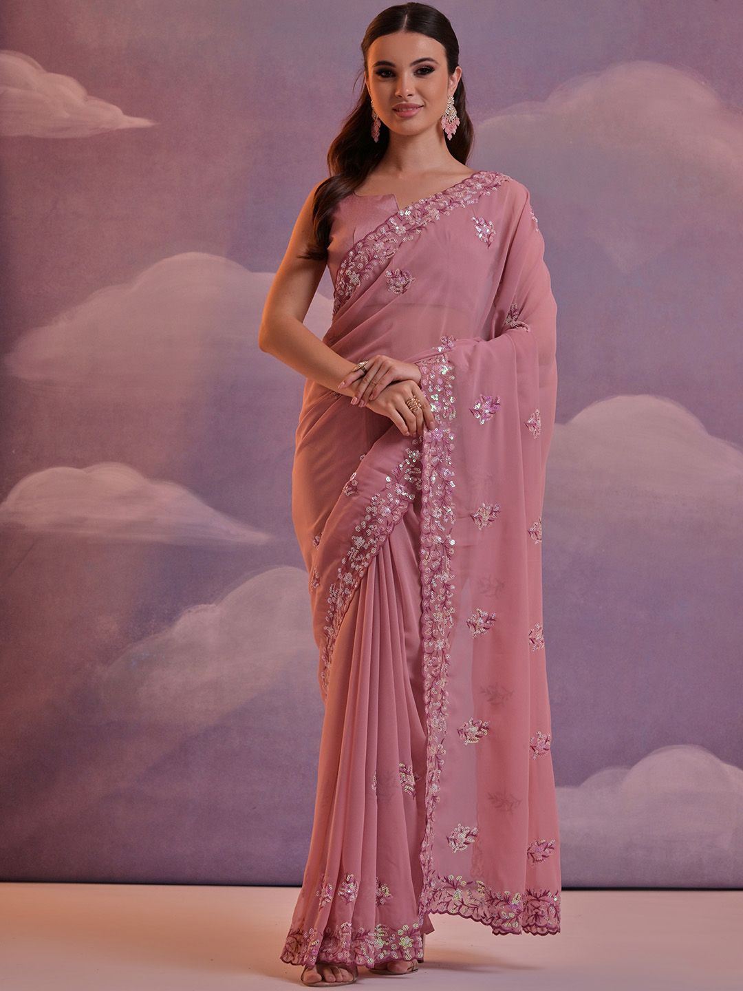 

Ishin Embroidered Sequinned Pure Georgette Saree, Pink