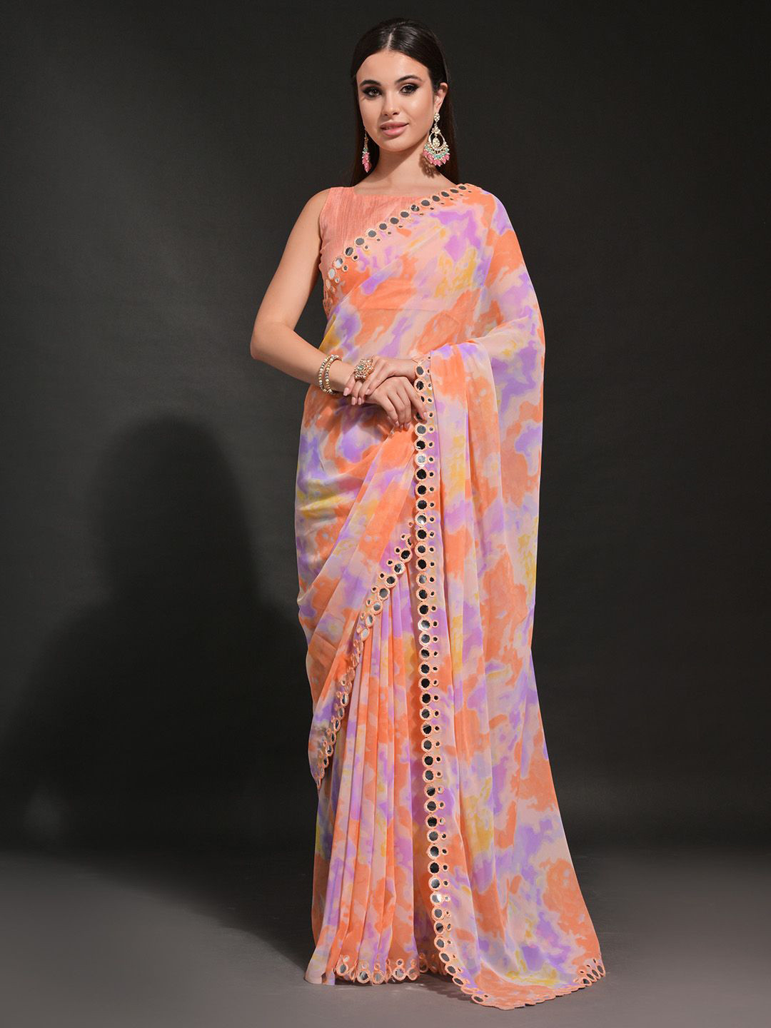

Ishin Mirror Work Printed Pure Georgette Saree, Peach
