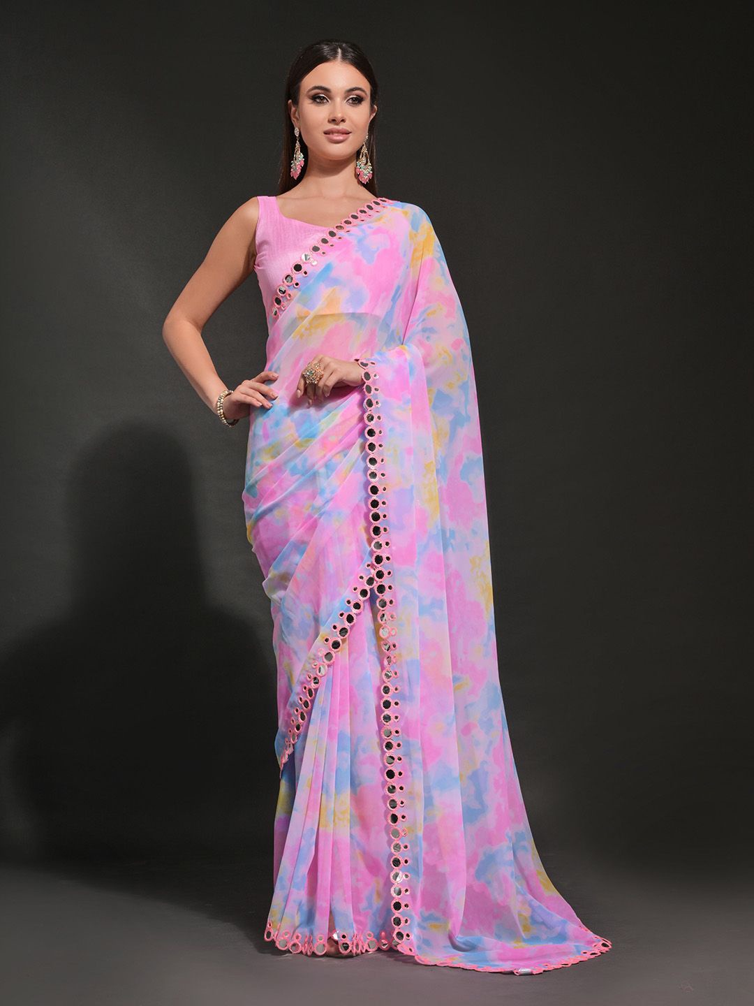 

Ishin Mirror Work Abstract Pure Georgette Saree, Pink