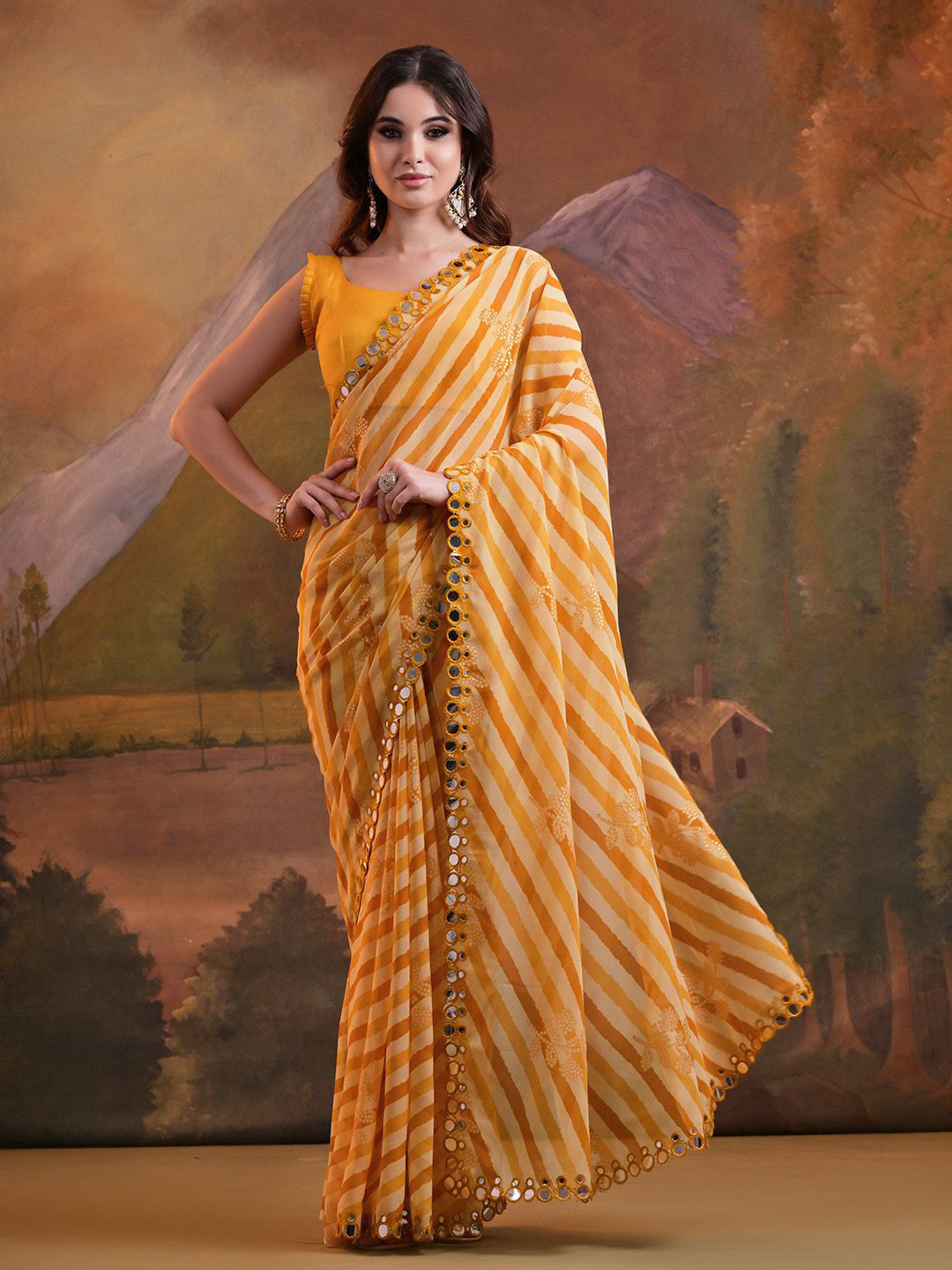 

Ishin Striped Mirror Work Pure Georgette Saree With Blouse Piece, Yellow