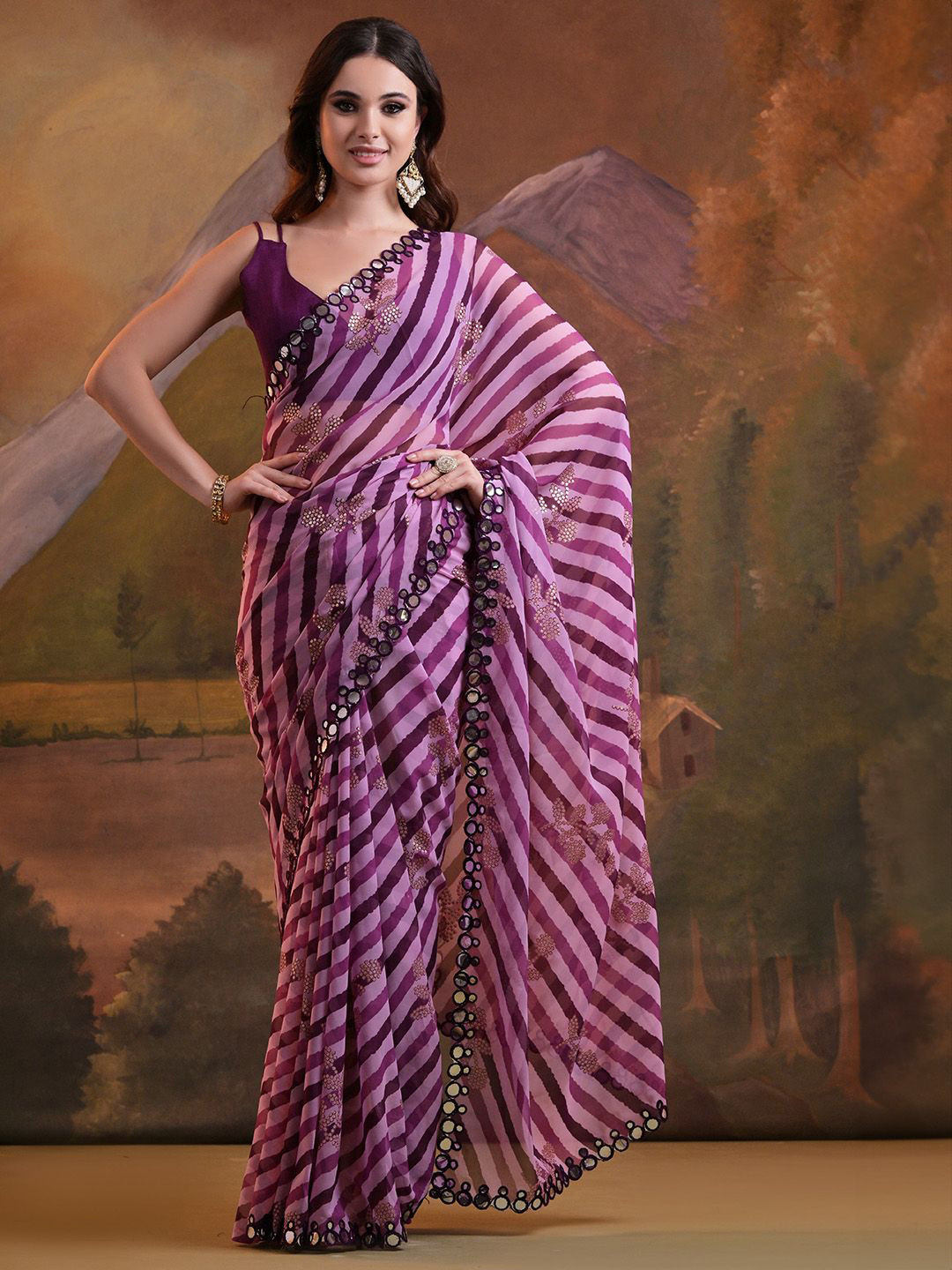 

Ishin Striped Sequinned Pure Georgette Saree, Purple