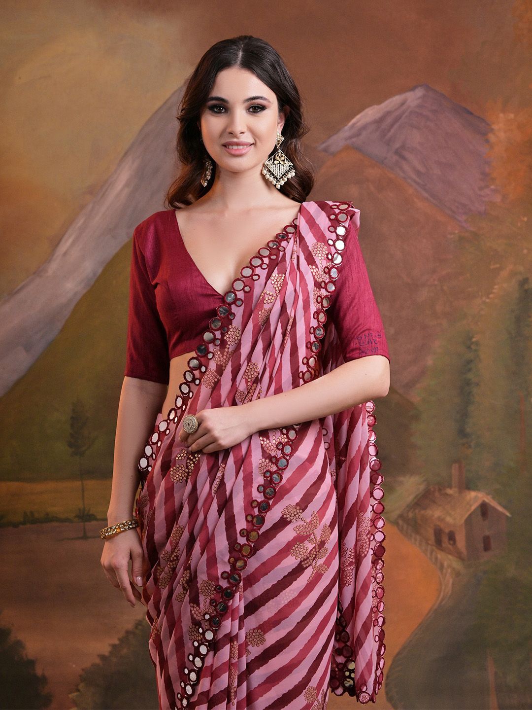 

Ishin Leheriya Mirror Work Embellished Pure Georgette Saree, Pink