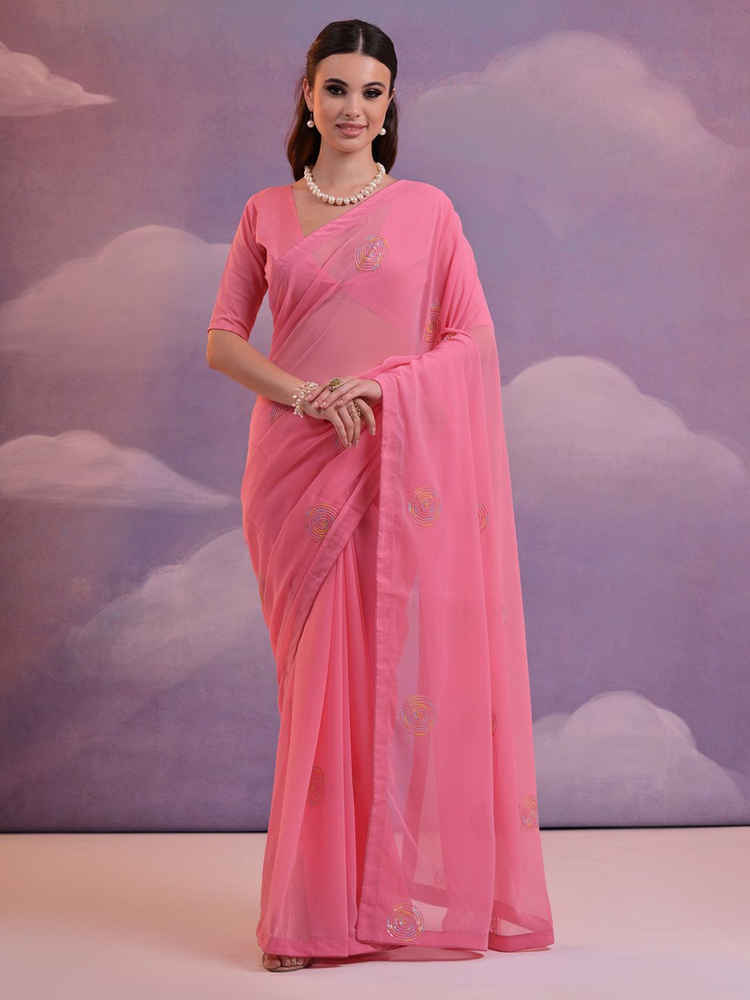 

Ishin Pure Georgette Embellished Sequinned Festive Saree, Pink