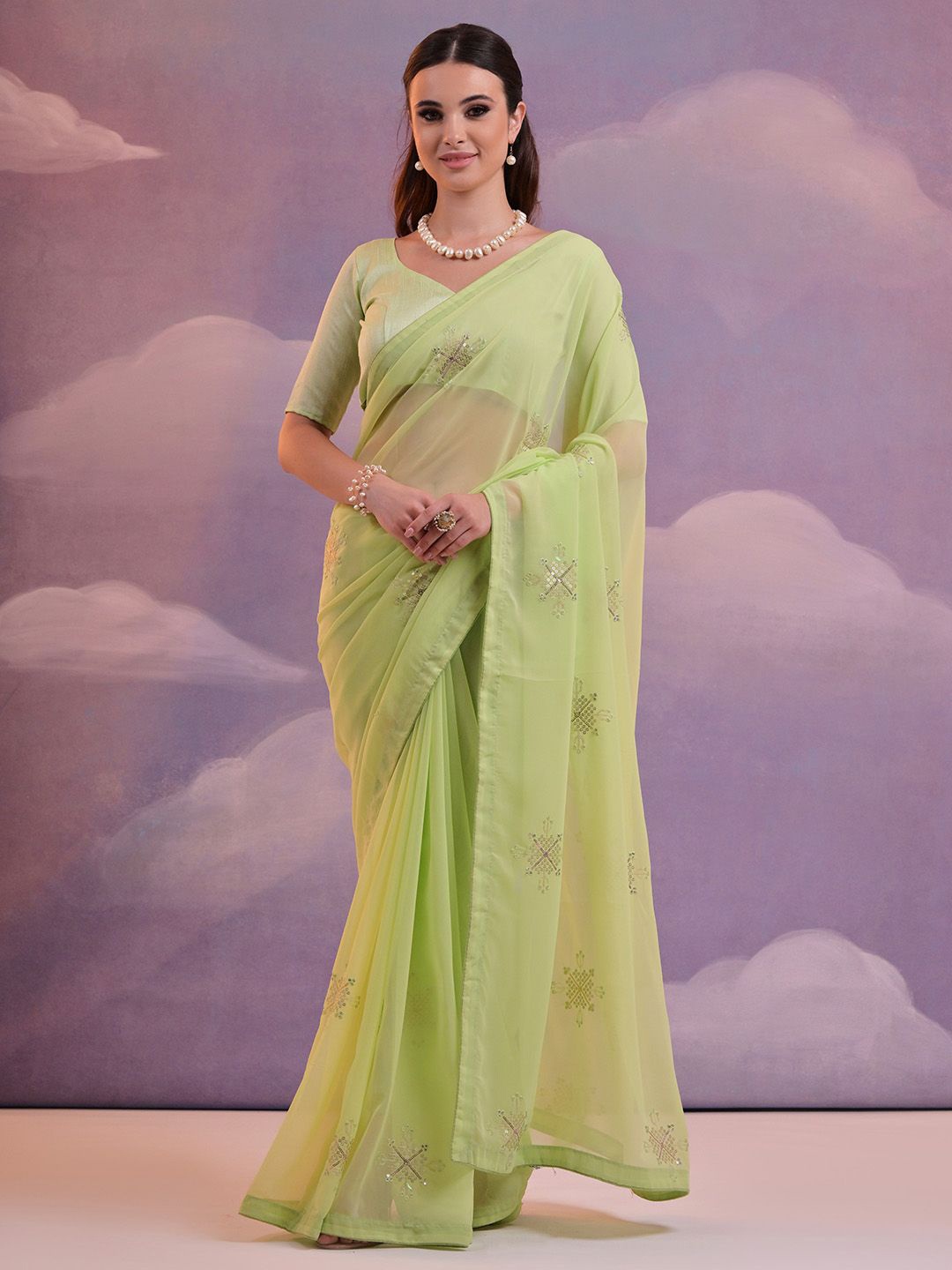 

Ishin Embellished Sequinned Pure Georgette Saree, Sea green
