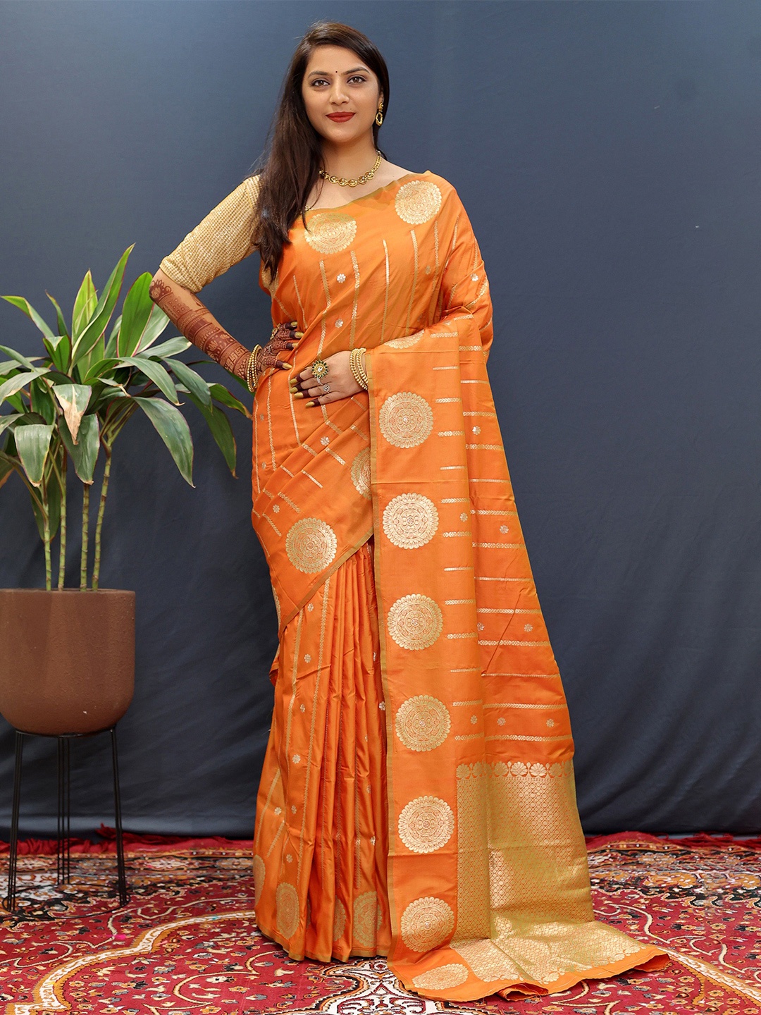 

KIMISHA Striped Woven Designed Zari Kanjeevaram Saree, Mustard