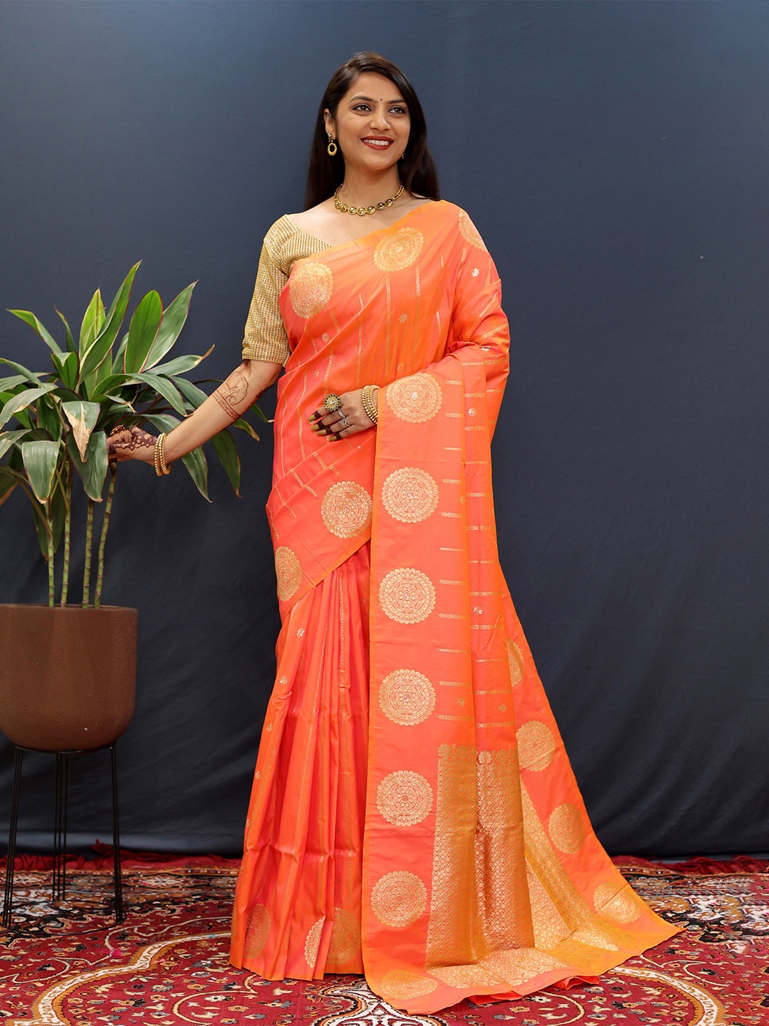 

KIMISHA Woven Designed Zari Kanjeevaram Saree, Orange
