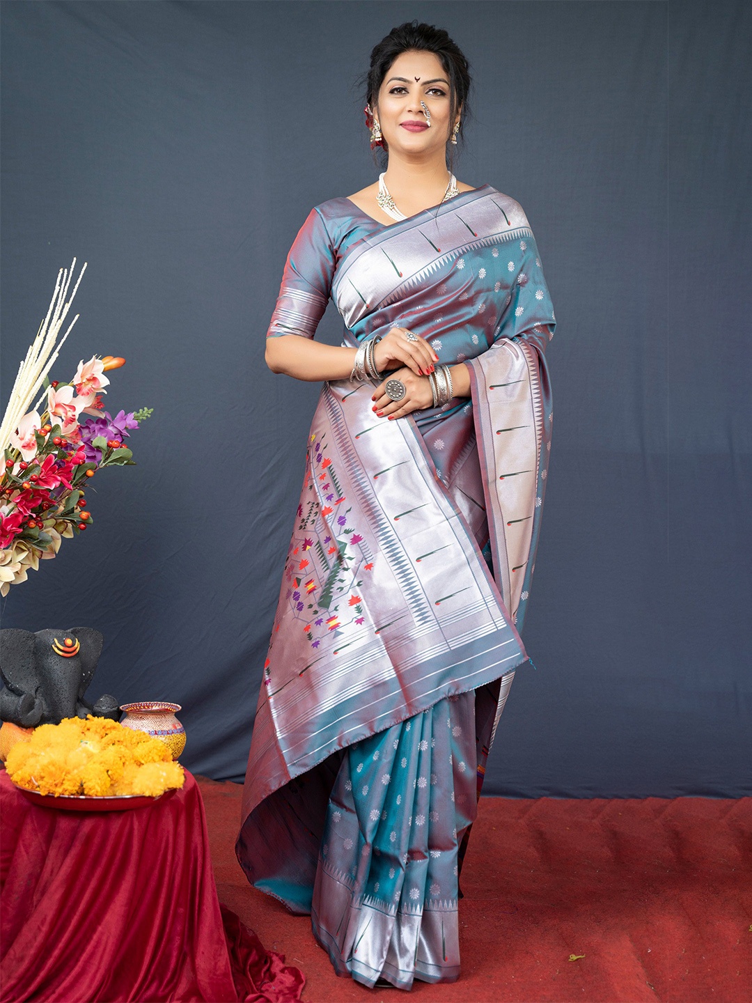 

KIMISHA Woven Designed Zari Paithani Saree, Grey