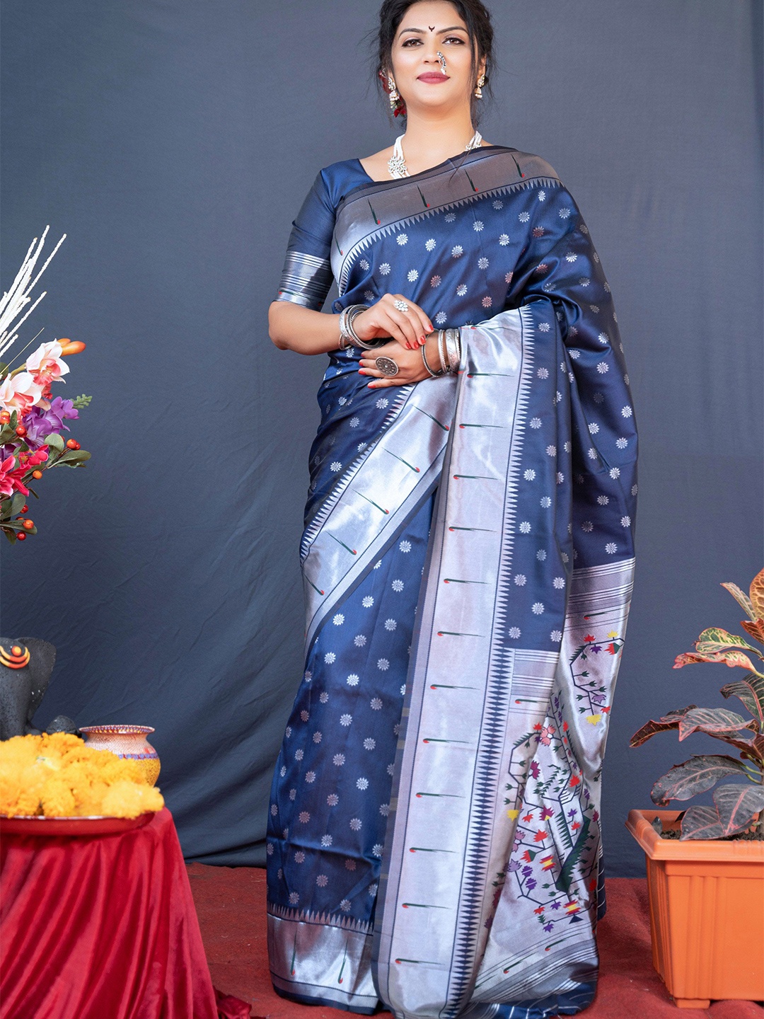 

KIMISHA Zari Woven Design Paithani Saree, Navy blue