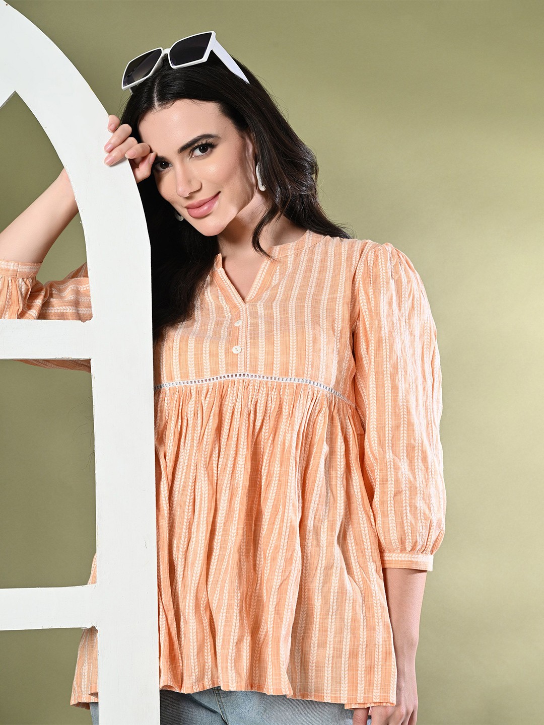 

aaivan Women Mandarin Collar Striped Tunic, Orange