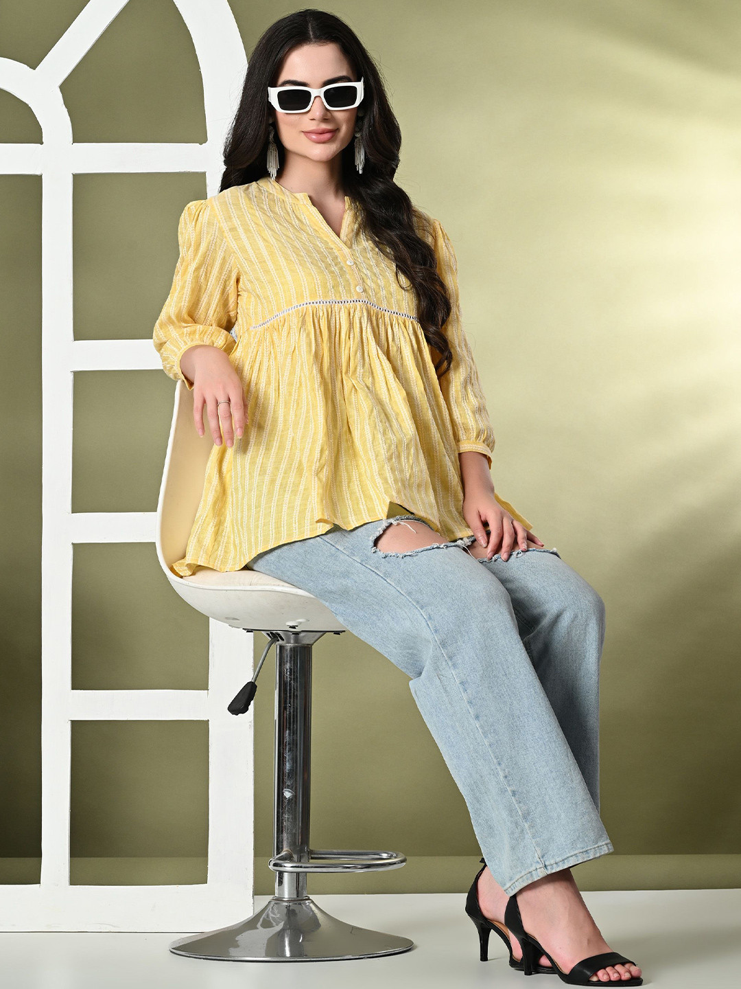 

aaivan Women Mandarin Collar Striped Tunic, Yellow