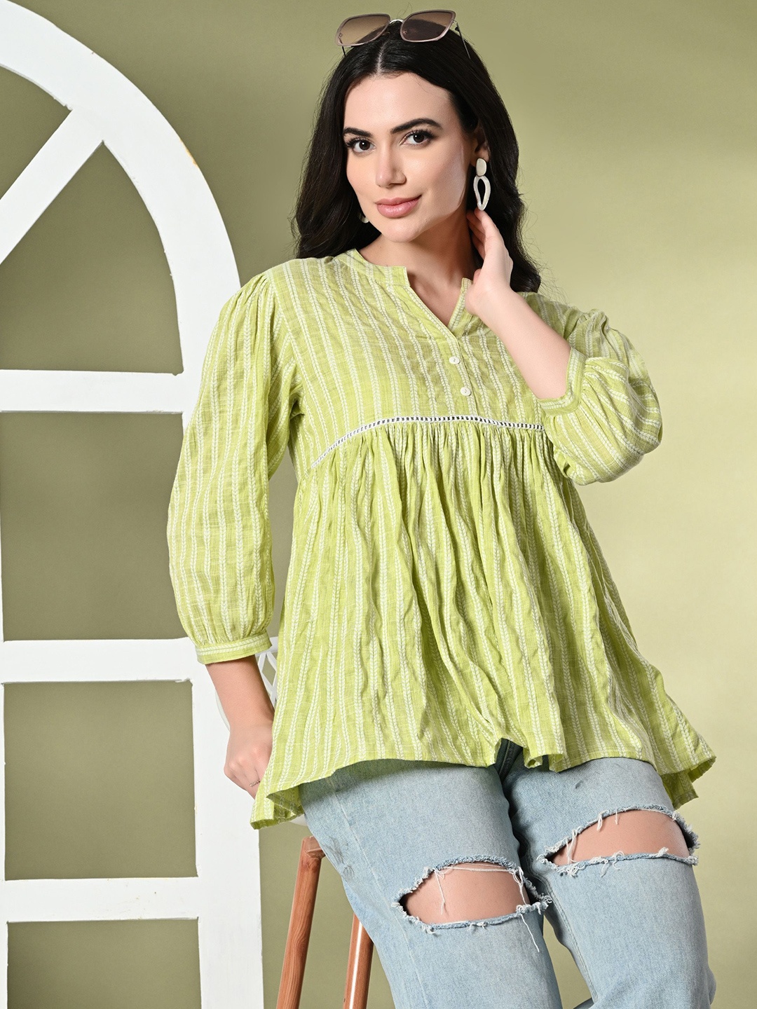 

aaivan Women Mandarin Collar Striped Tunic, Green