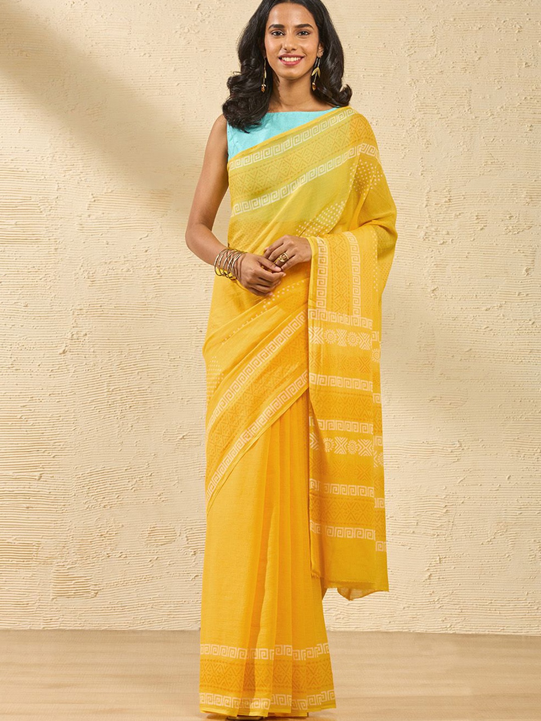 

Taneira Ethnic Motifs Block Printed Bengal Saree, Yellow