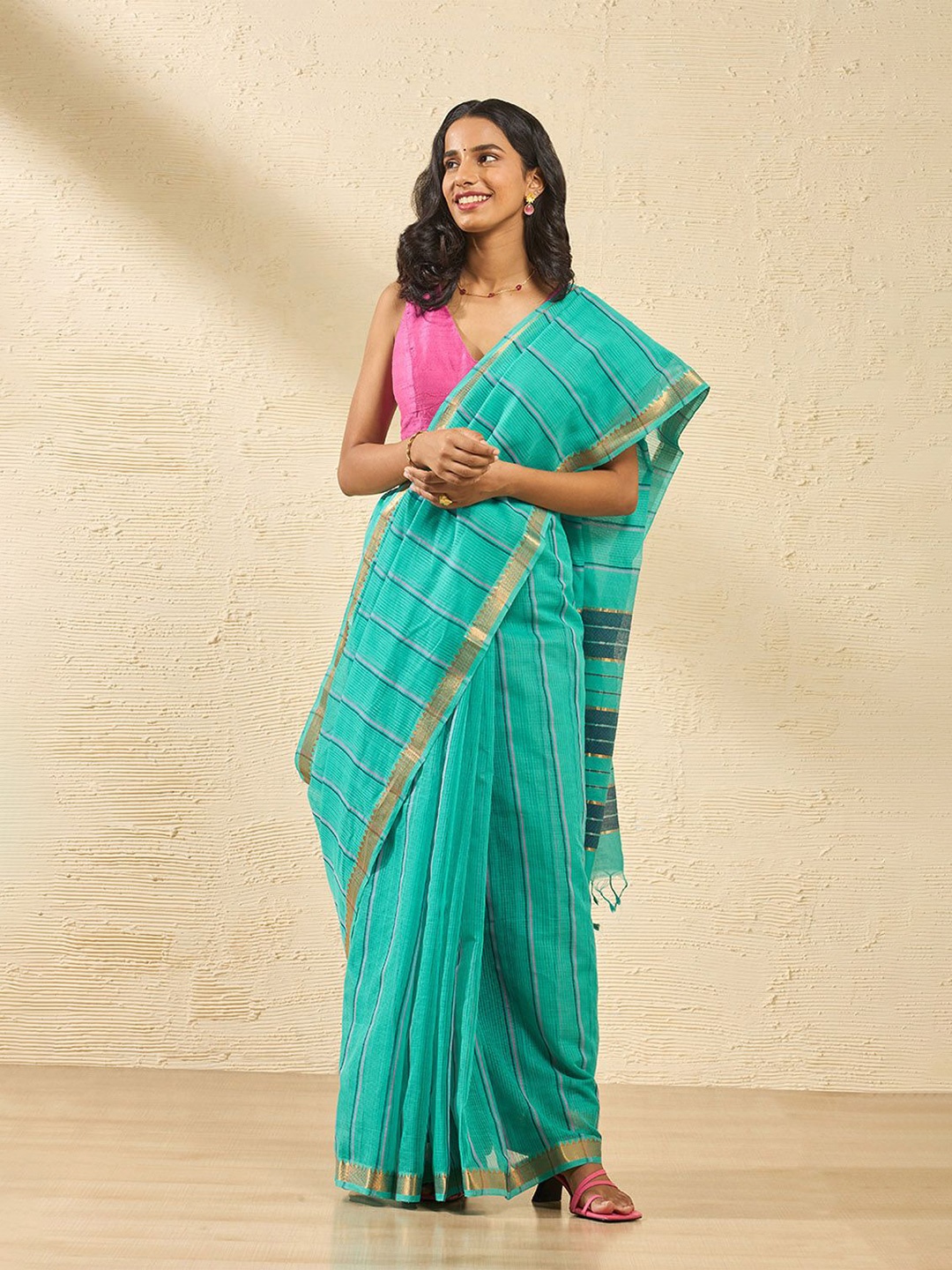 

Taneira Striped Zari Pure Cotton Mangalagiri Saree, Green