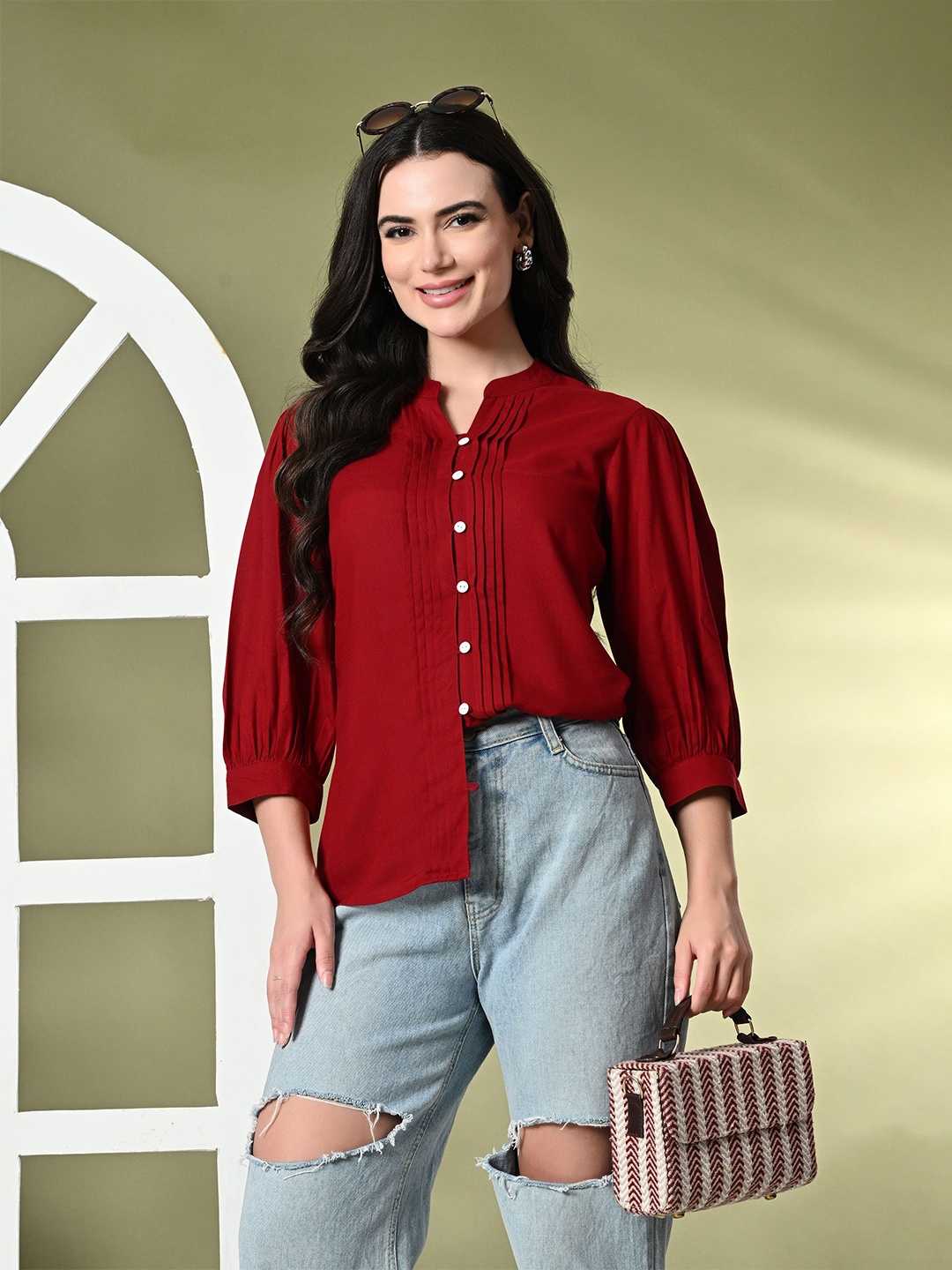 

aaivan Mandarin Collar Shirt Style Top, Maroon
