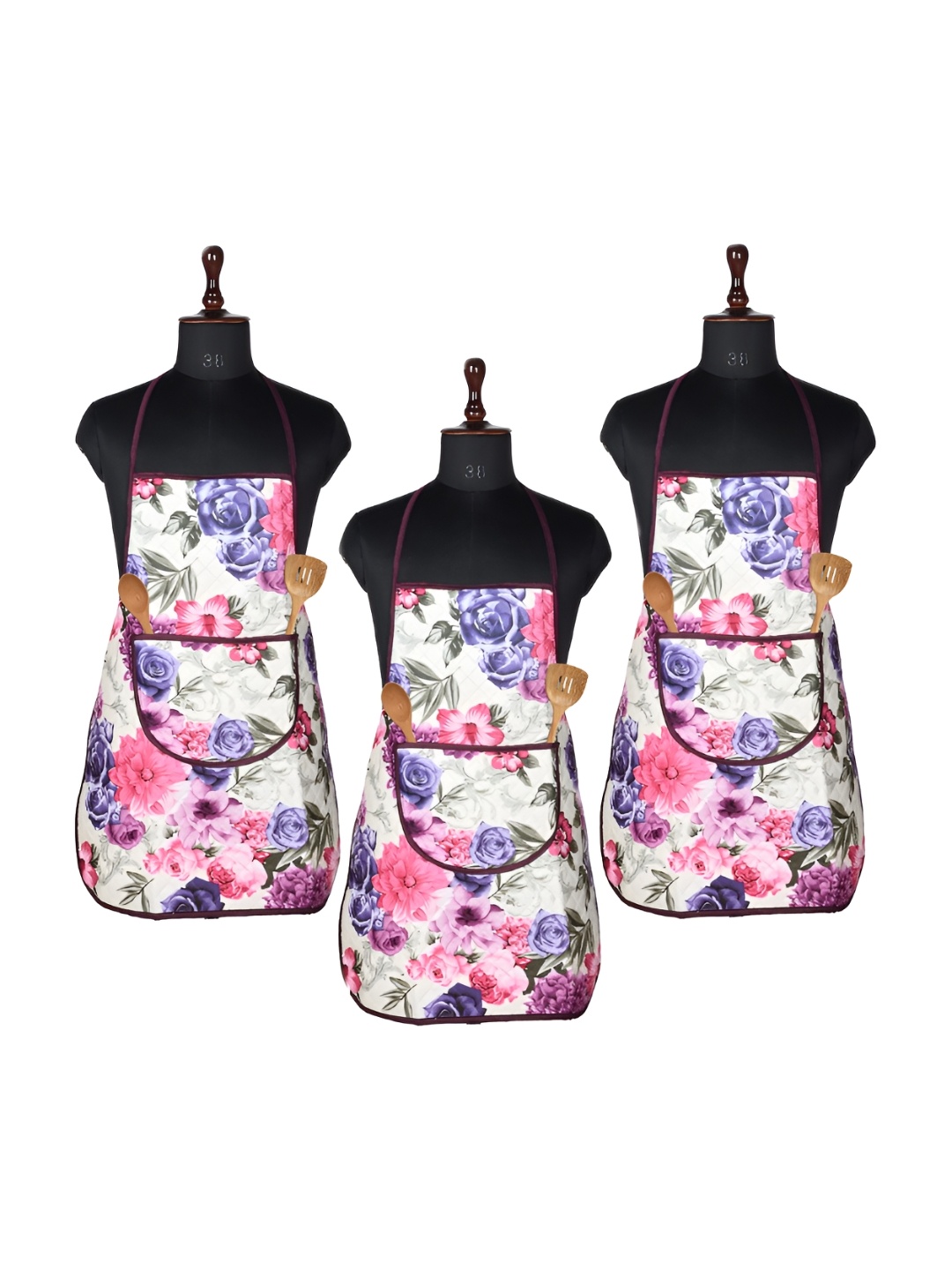 

Kuber Industries Pink & White 3 Pieces Quilted Floral Printed Aprons With Center Pocket