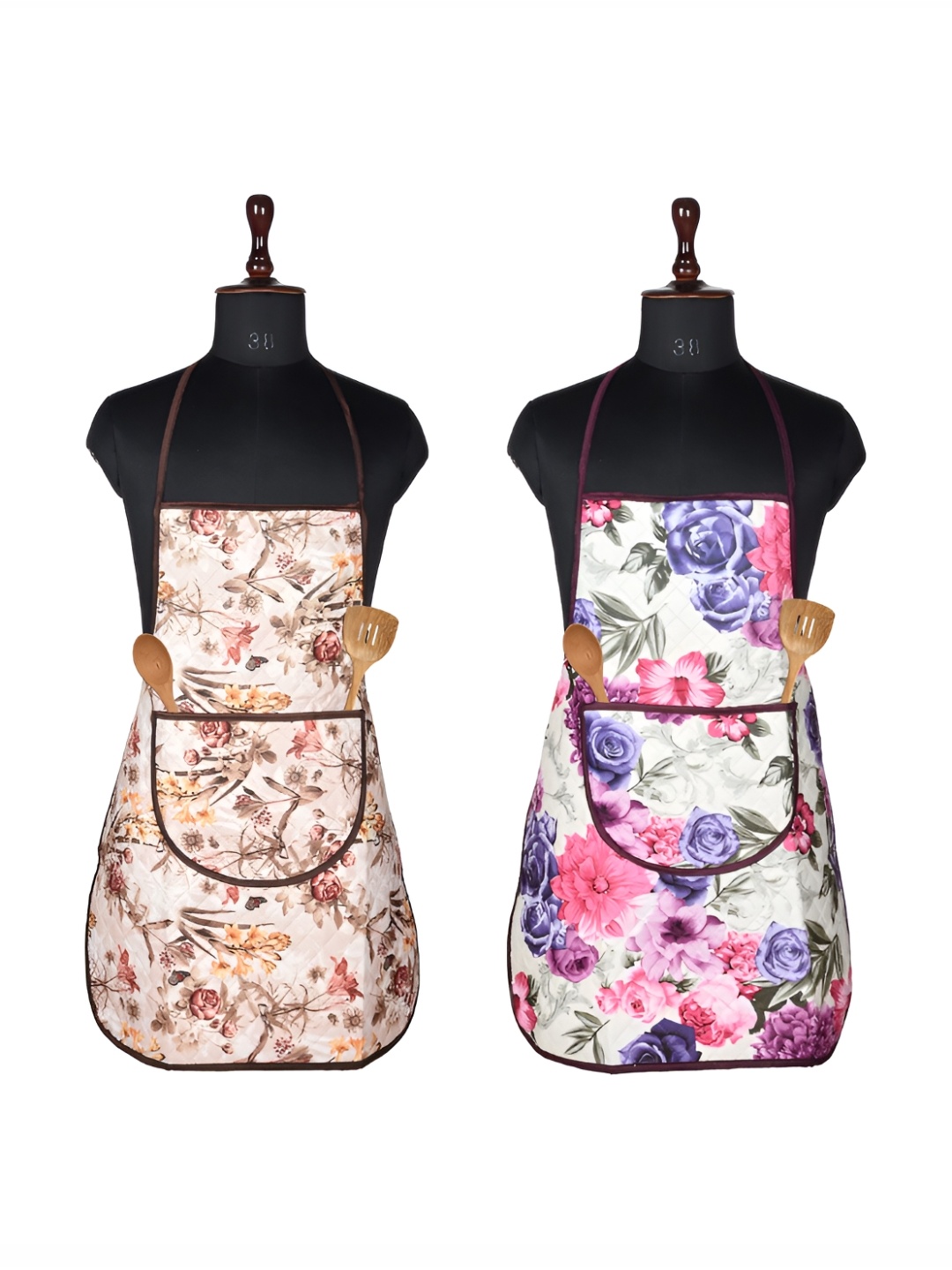 

Kuber Industries White & Pink 2 Pieces Floral Printed Velvet Aprons With Center Pocket