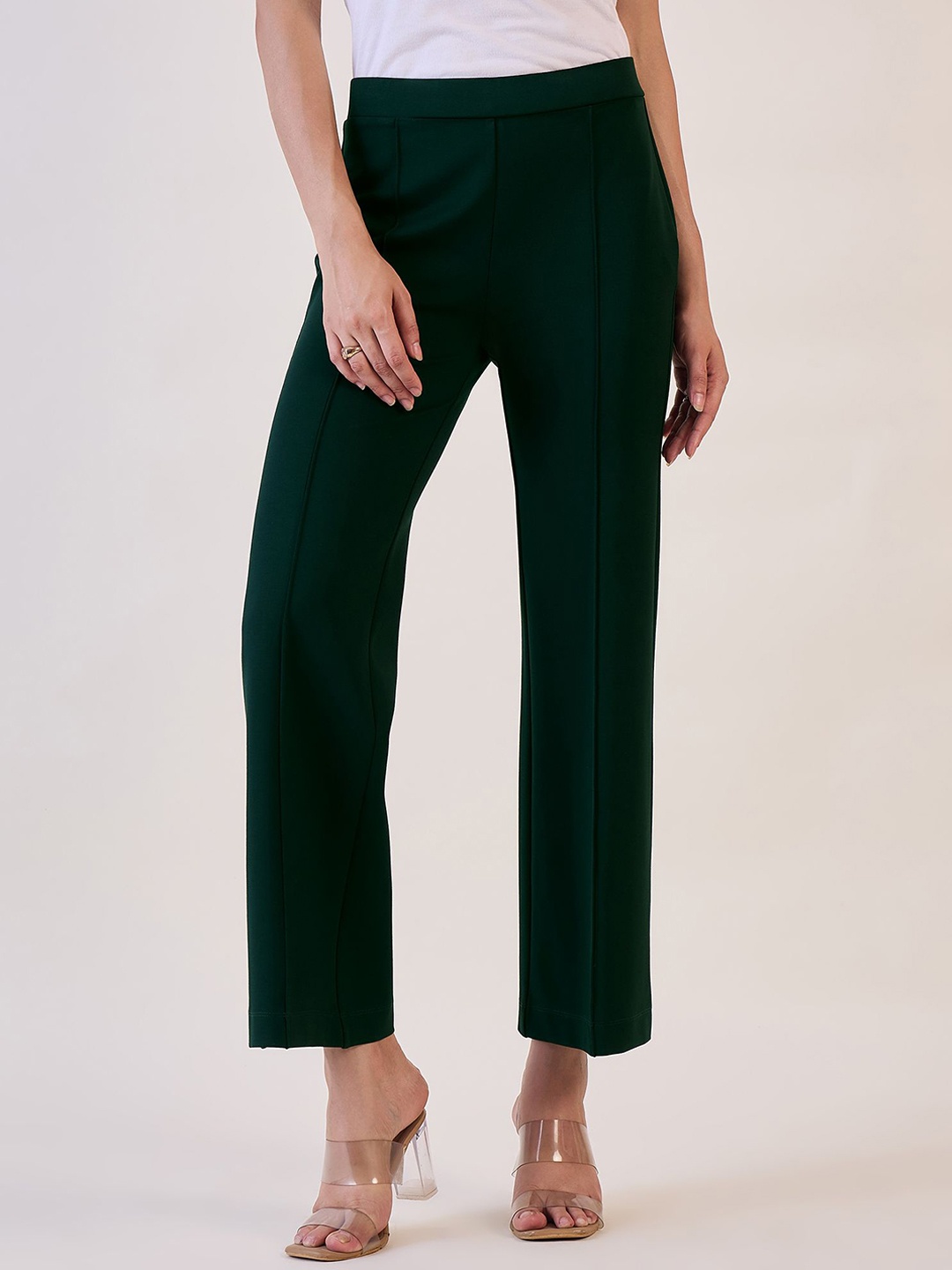 

PowerSutra Women Straight Fit High-Rise Pleated Trousers, Green