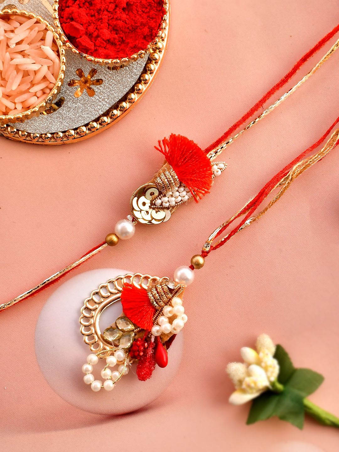

Anouk Red Pearl-Beaded Bhaiya Bhabhi Rakhi With Roli Chawal & Greeting Card
