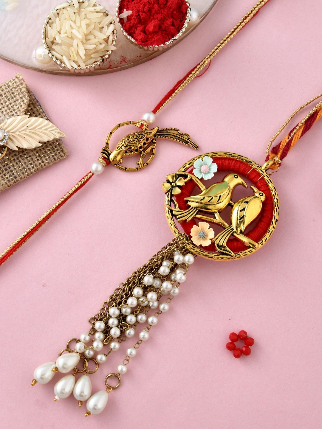 

Anouk Gol-Toned Beaded Bhaiya Bhabhi Rakhi With Roli Chawal & Greeting Card, Gold