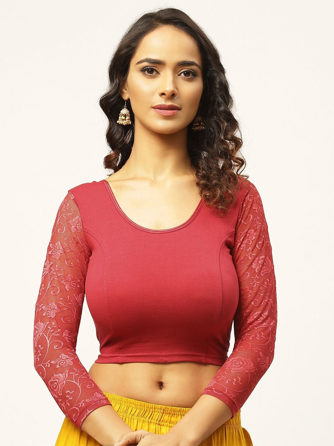 

VASTRANAND Women Solid U-Neck Three-Quarter Sleeves Cotton Stretchable Saree Blouse, Maroon