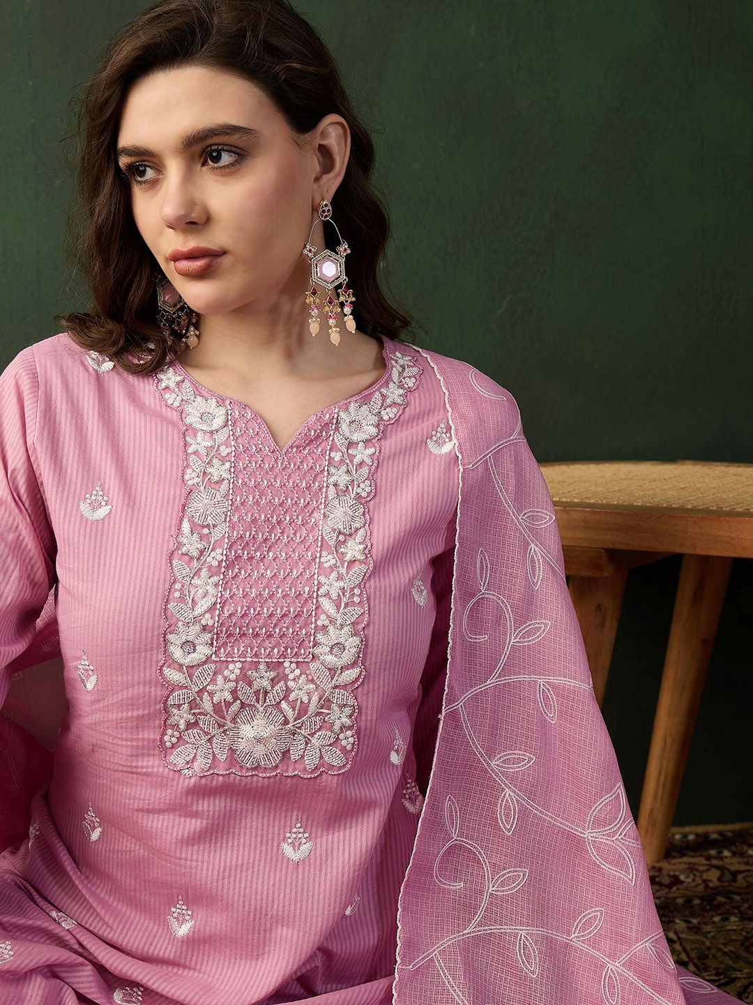 Sangria Embroidered Pure Cotton Straight Kurta With Trouser & Dupatta Set, Pink