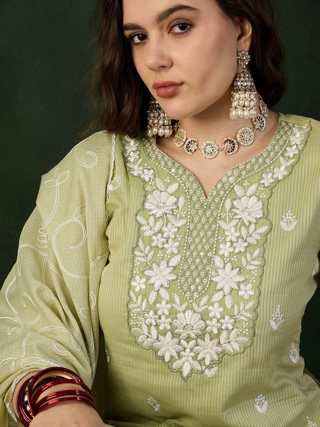 

Sangria Embroidered Pure Cotton Straight Kurta With Trouser & Dupatta Set, Green