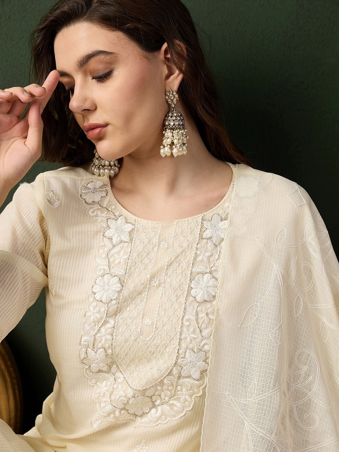 

Sangria Lucknowi Handwork Embroidered Pure Cotton Straight Kurta With Trousers & Dupatta, Cream