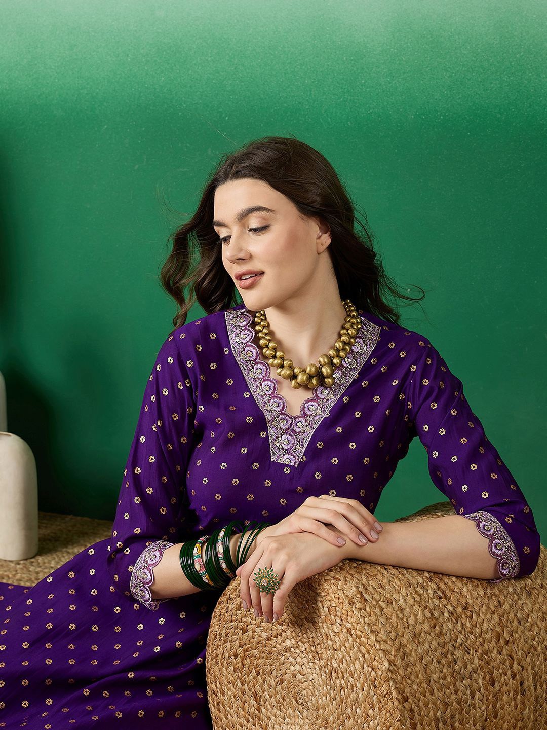 

Sangria Dchinon Zari Sequence Embroidered & Foil Printed A-Line Kurta With Trousers, Purple