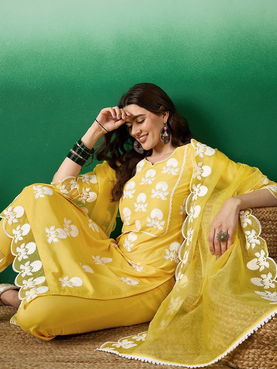 

Sangria Embroidered Straight Kurta With Trouser & Dupatta, Yellow