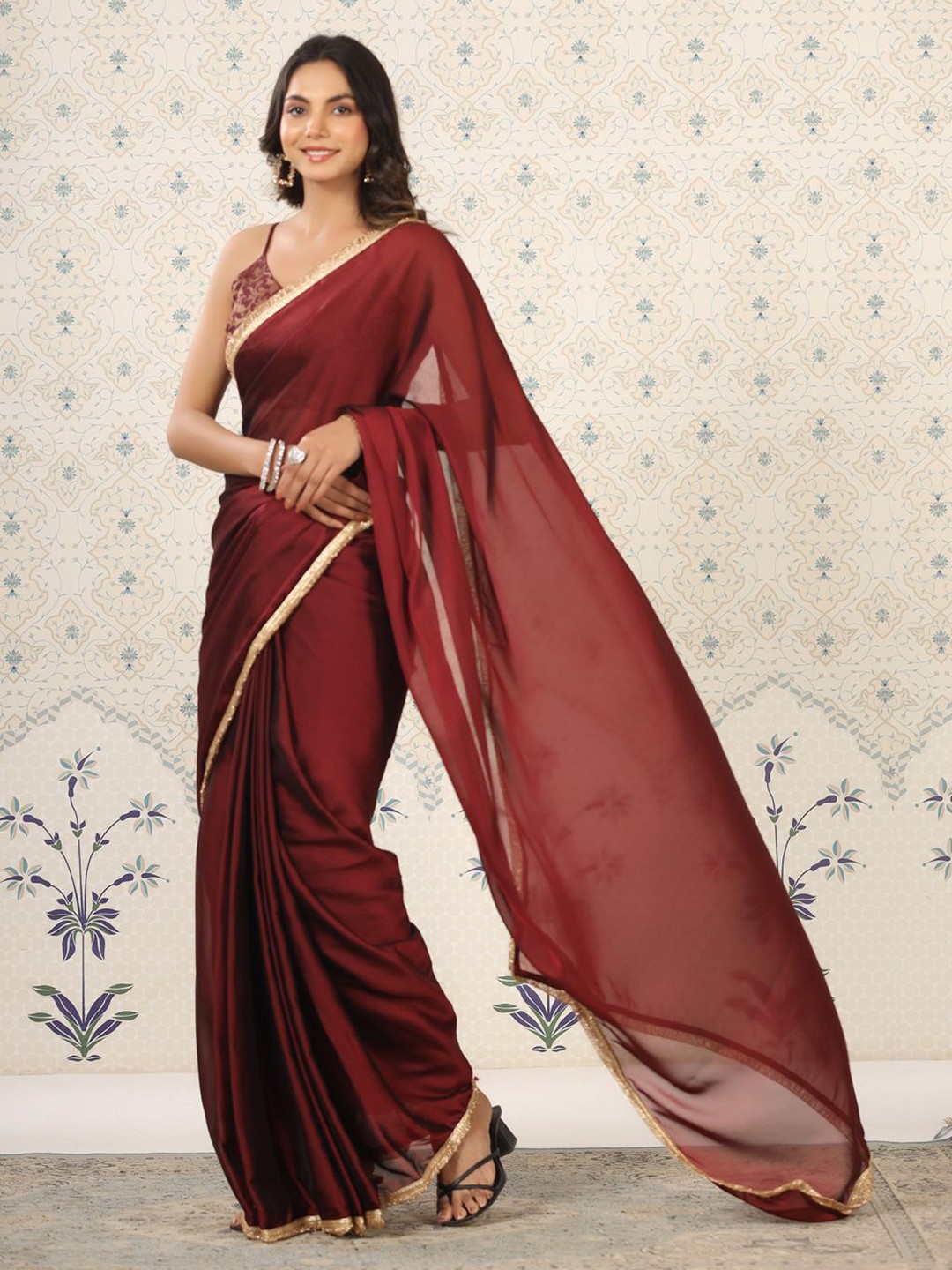 

Ode by House of Pataudi Embroidered Ready to Wear Saree, Maroon