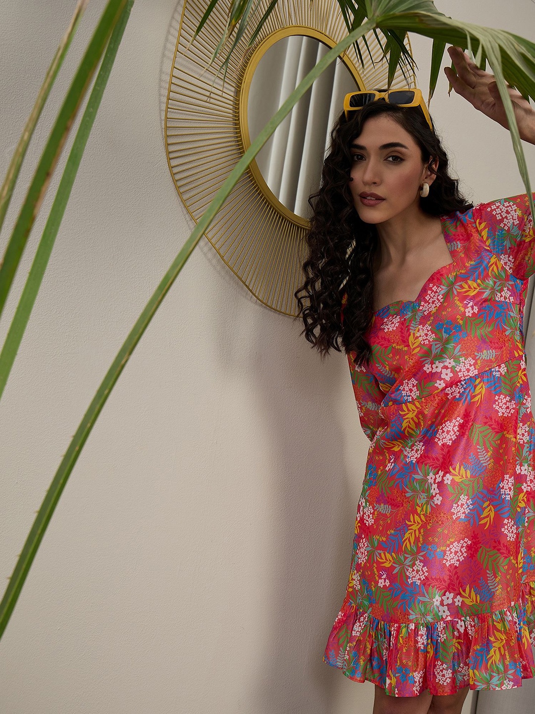 

ADORNIA Floral Printed Bell Sleeves Fit and Flare Dress, Red