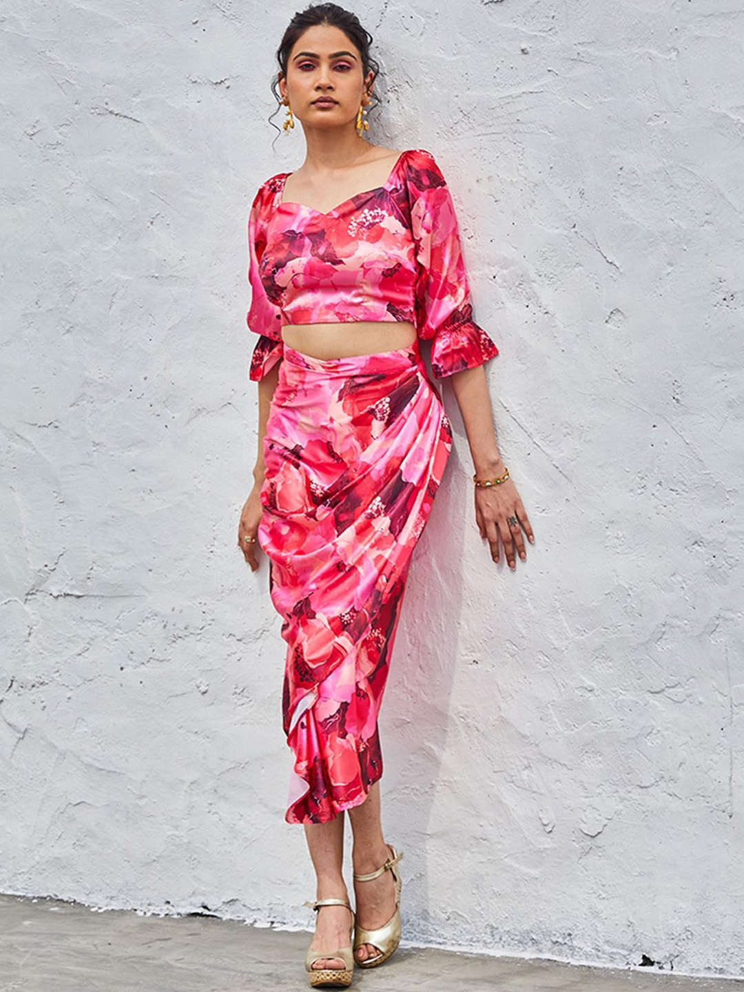 

CHARAAVI Printed Sweetheart Neck Top & Skirt, Pink