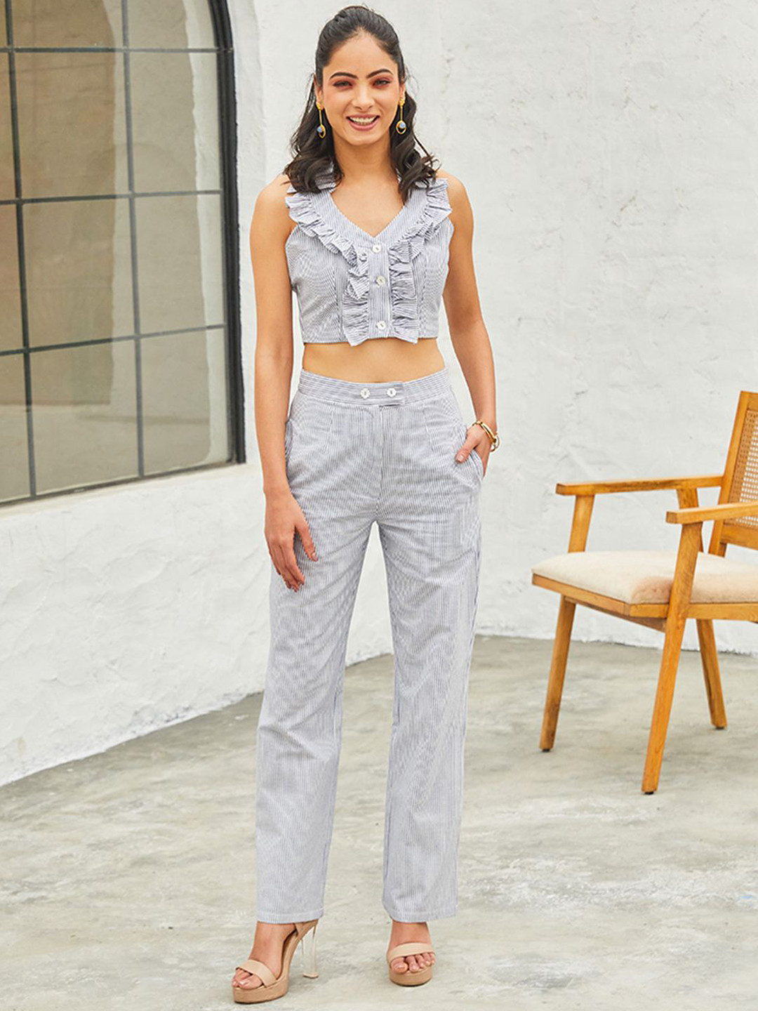 

CHARAAVI Striped Sleeveless Pure Khadi Ruffled Crop Top With Trouser, Blue
