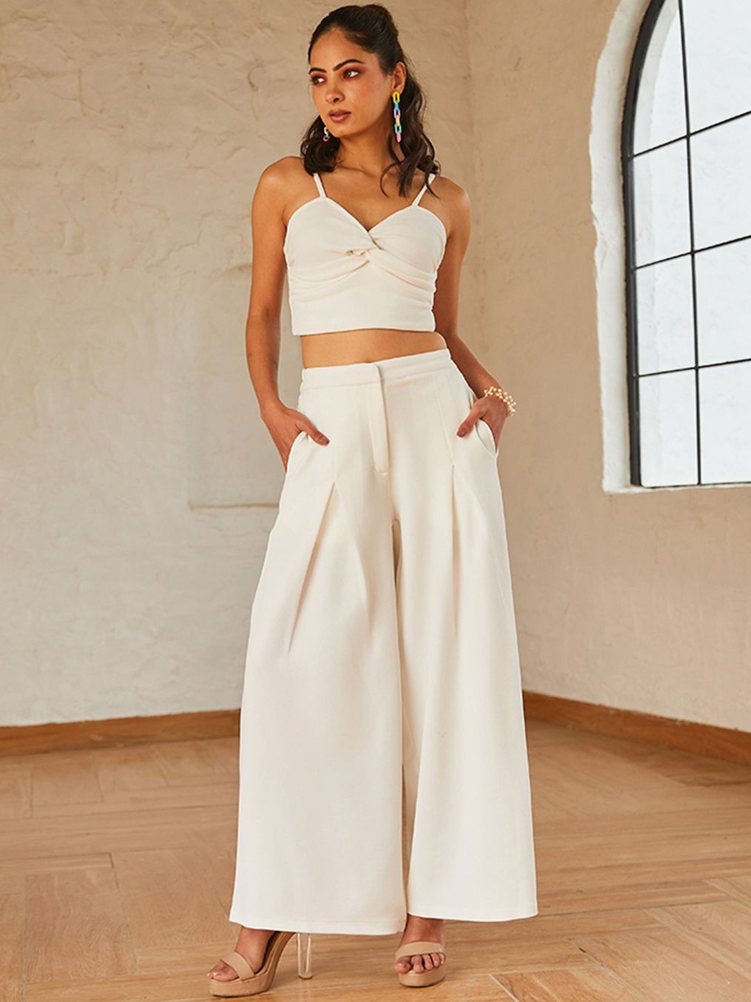 

CHARAAVI Shoulder Straps Top With Trouser, White