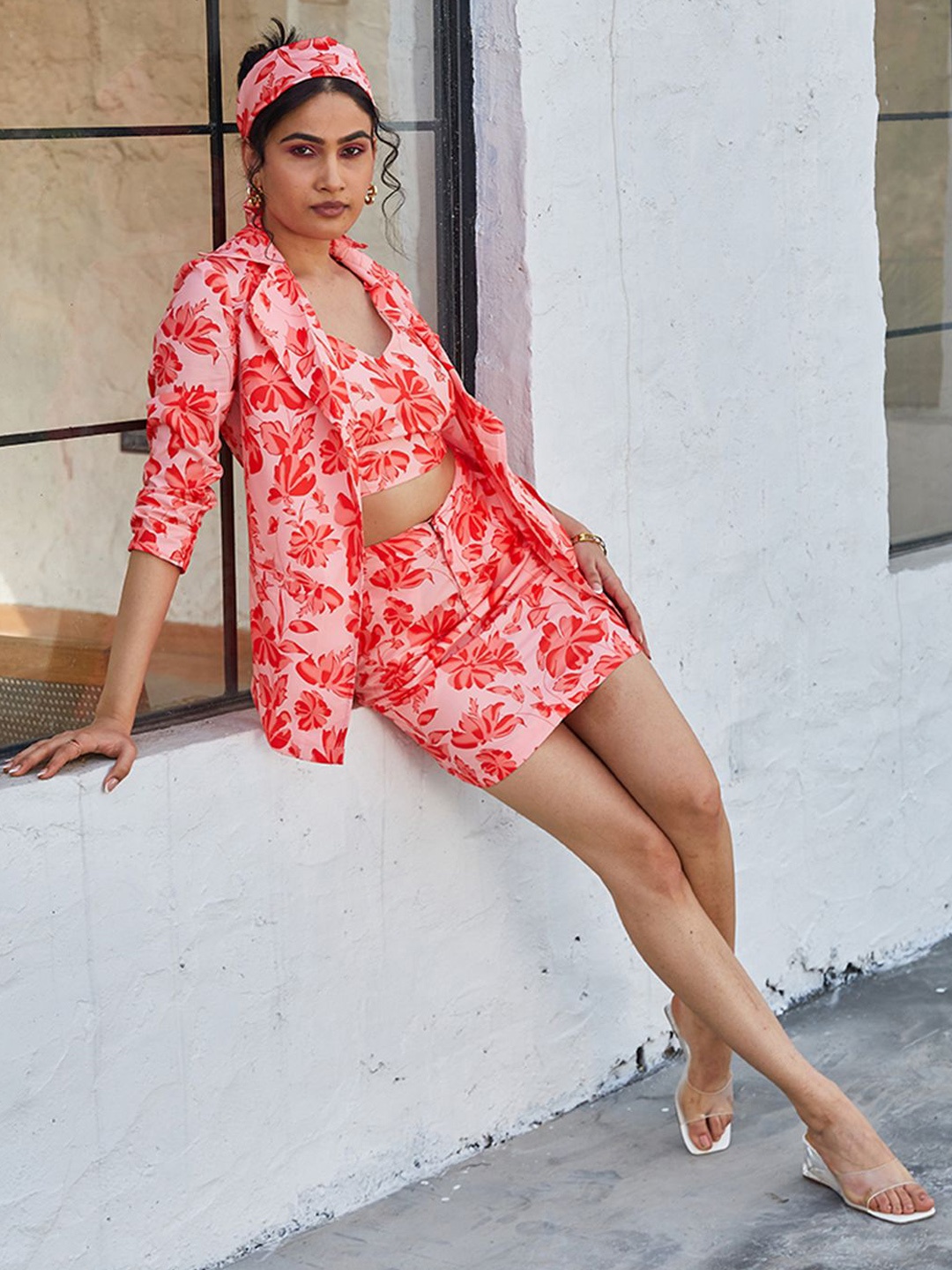 

CHARAAVI Floral Printed Top With Skirt & Jacket, Red